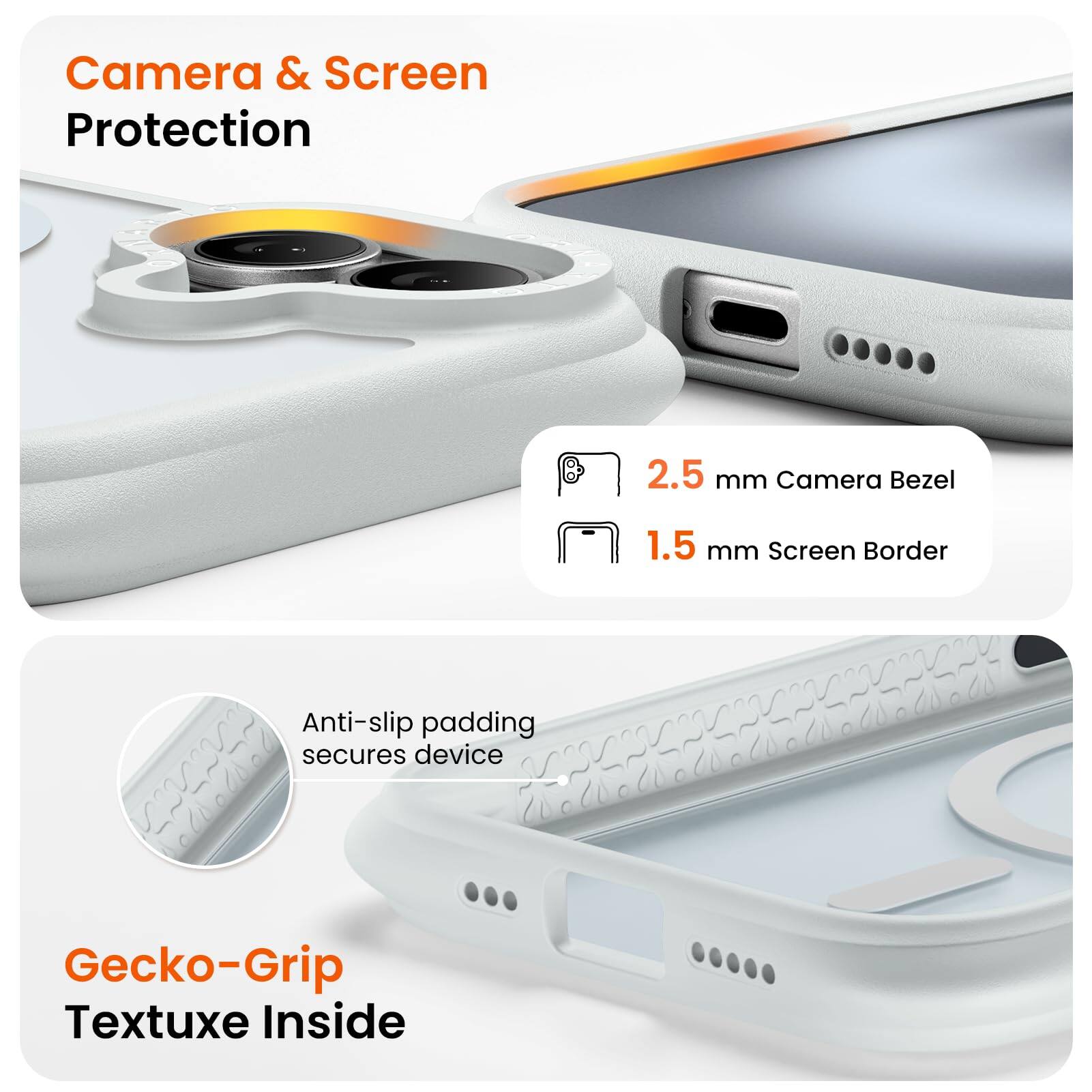 Camera & Screen Protection  
2.5 mm Camera Bezel  
1.5 mm Screen Border  
Anti-slip padding secures device  
Gecko-Grip Textuxe Inside