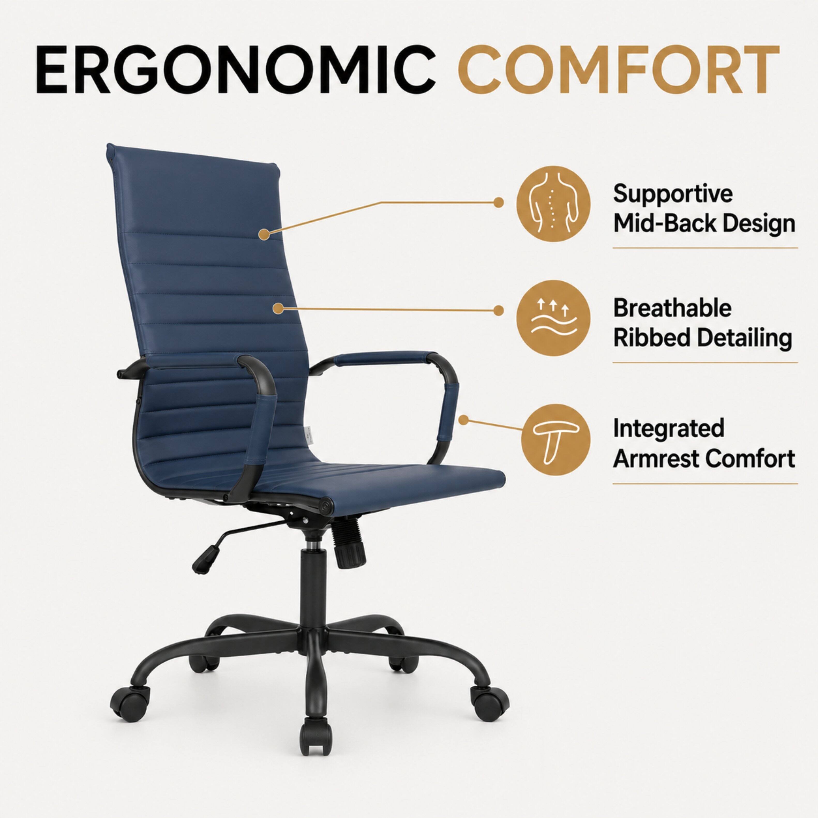 ERGONOMIC COMFORT

- Supportive Mid-Back Design
- Breathable Ribbed Detailing
- Integrated Armrest Comfort