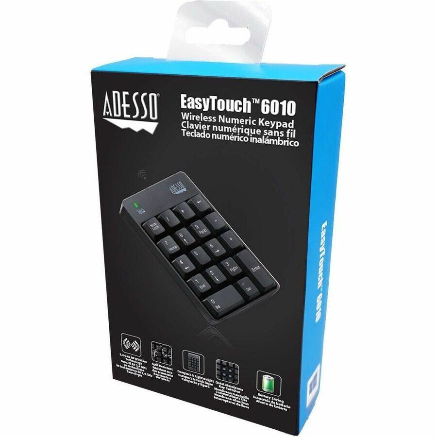 ADESSO  
EasyTouch™ 6010  
Wireless Numeric Keypad  
Clavier numérique sans fil  
Teclado numérico inalámbrico  

- 2.4 GHz Wireless Technology  
- Compact & Lightweight  
- Power Saving Mode  
- Easy Setup  
- 10m Operating Range  
- 2 Year Warranty  

ADESSO  
EasyTouch™ 6010  
Wireless Numeric Keypad  
Clavier numérique sans fil  
Teclado numérico inalámbrico