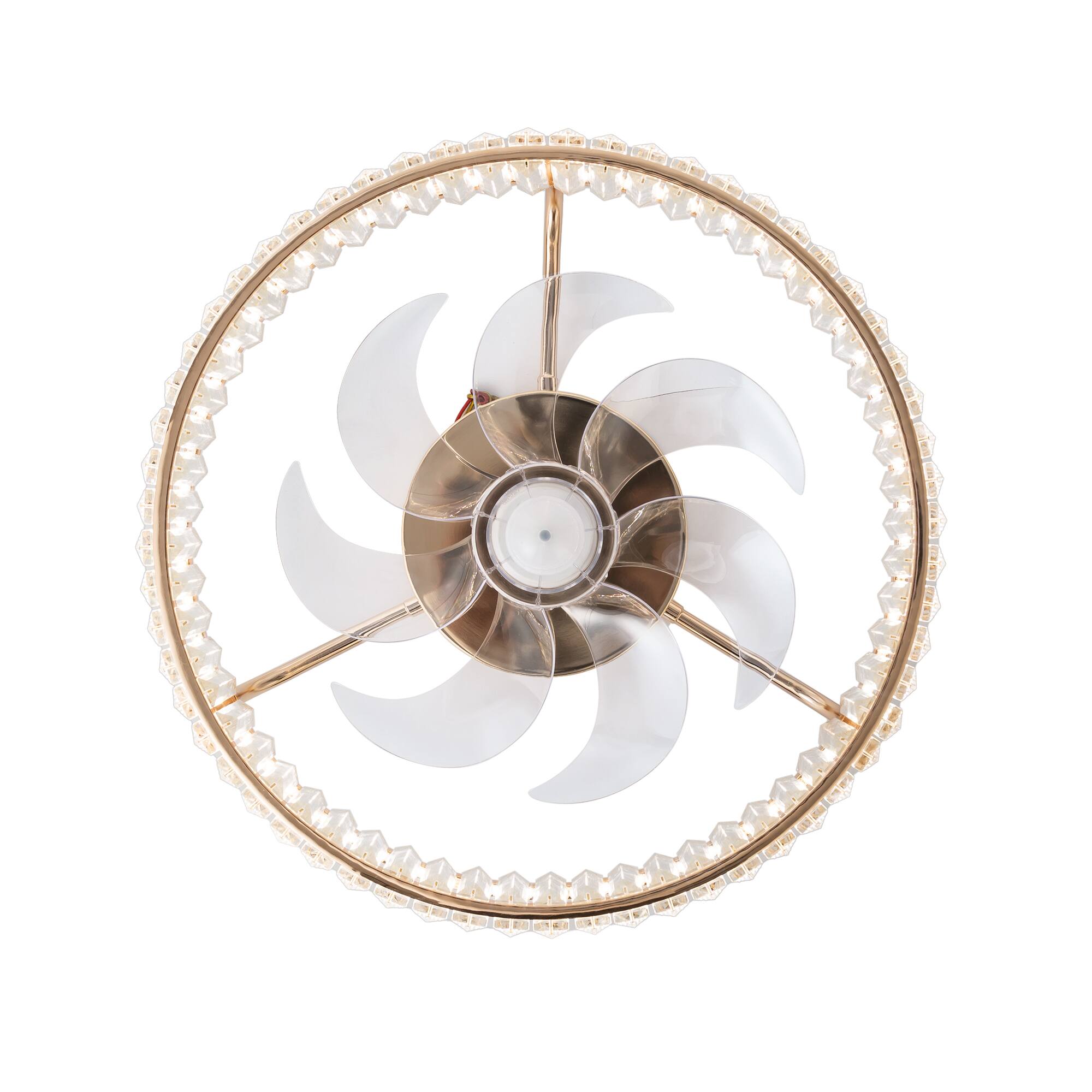 Alt View 8. Breezary - 20-Inch Modern Flush Mount Crystal Cage Fan with LED Light, Remote, 7 Transparent Blades, 6-Speed DC Motor - Golden.