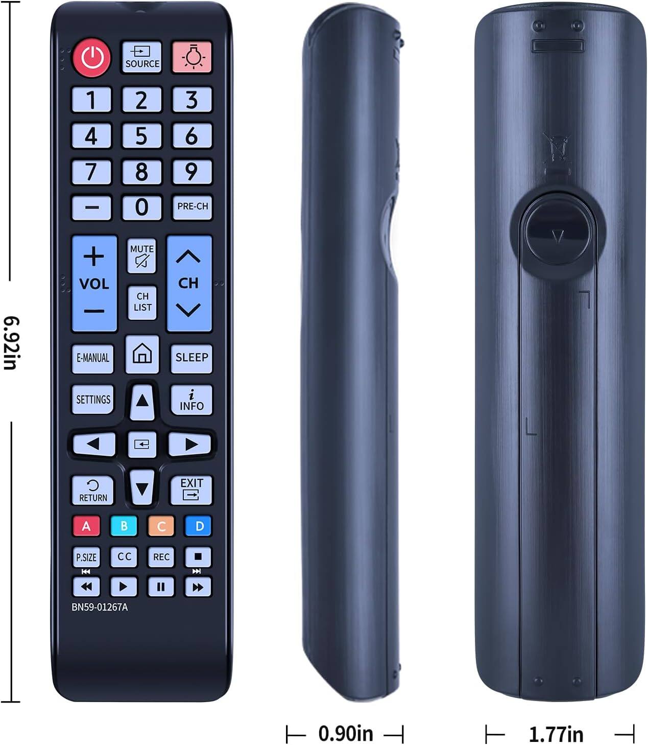 SOURCE 1 2 3 4 5 6 7 8 9 PRE-CH 6.92in + VOL E-MANUAL SETTINGS MUTE CH LIST CH SLEEP INFO RETURN EXIT A B C D P.SIZE CC REC P II BN59-01267A 0.90in 1.77in