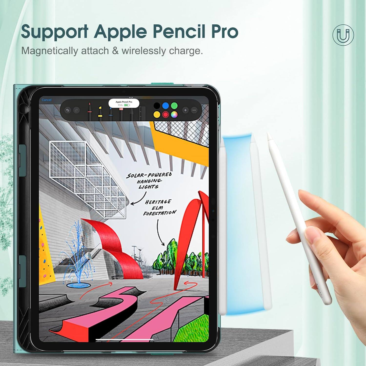 Support Apple Pencil Pro  
Magnetic attach & wirelessly charge.  

Apple Pencil Pro 75% IN  
SOLAR-POWERED HANGING LIGHTS  
HERITAGE ELM FORESTATION