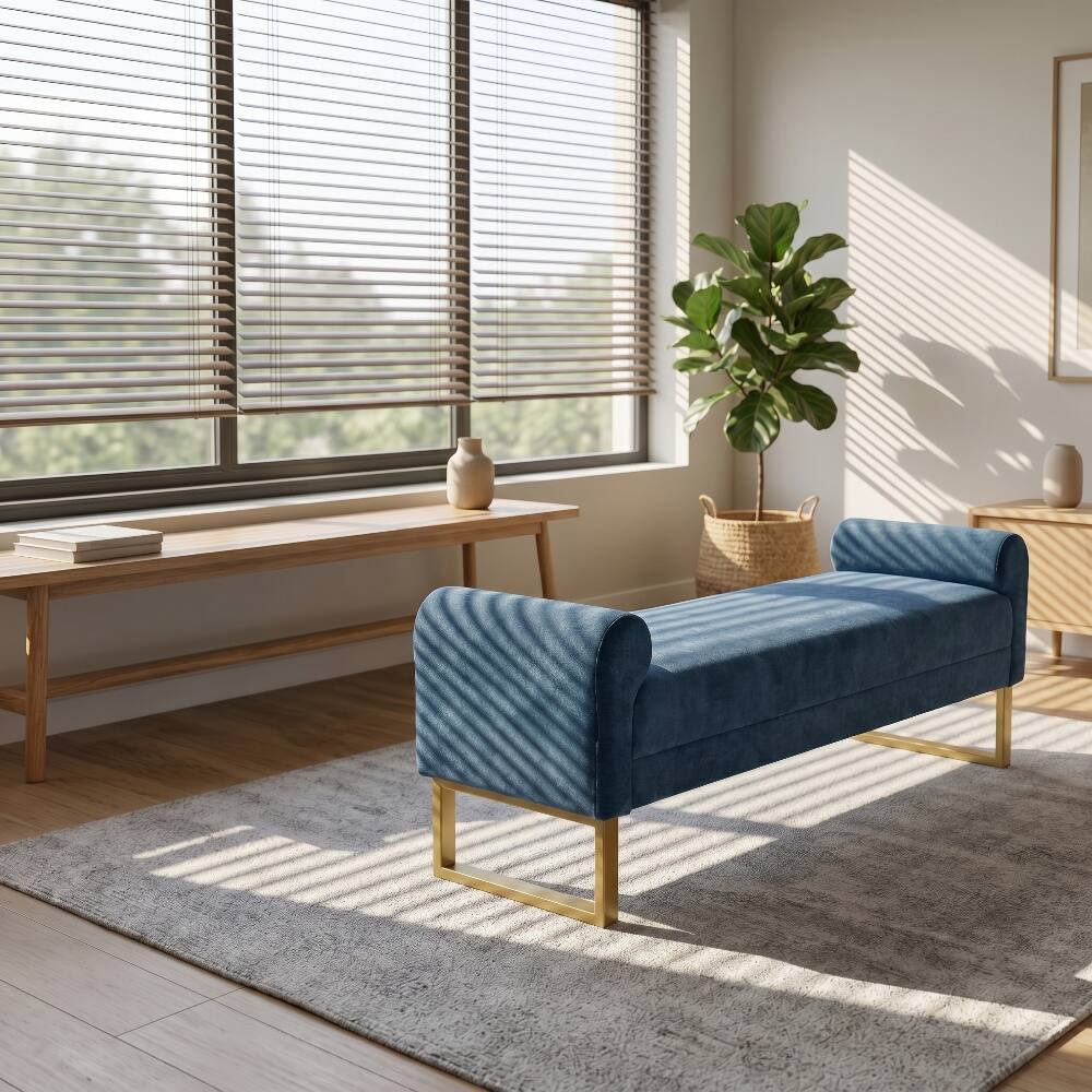 Alt View 1. Ropilly - Ropilly Blue Chenille End of Bed Bench Upholstered Bedroom Ottoman Bench with Gold Legs and Arms for Entryway - Blue.