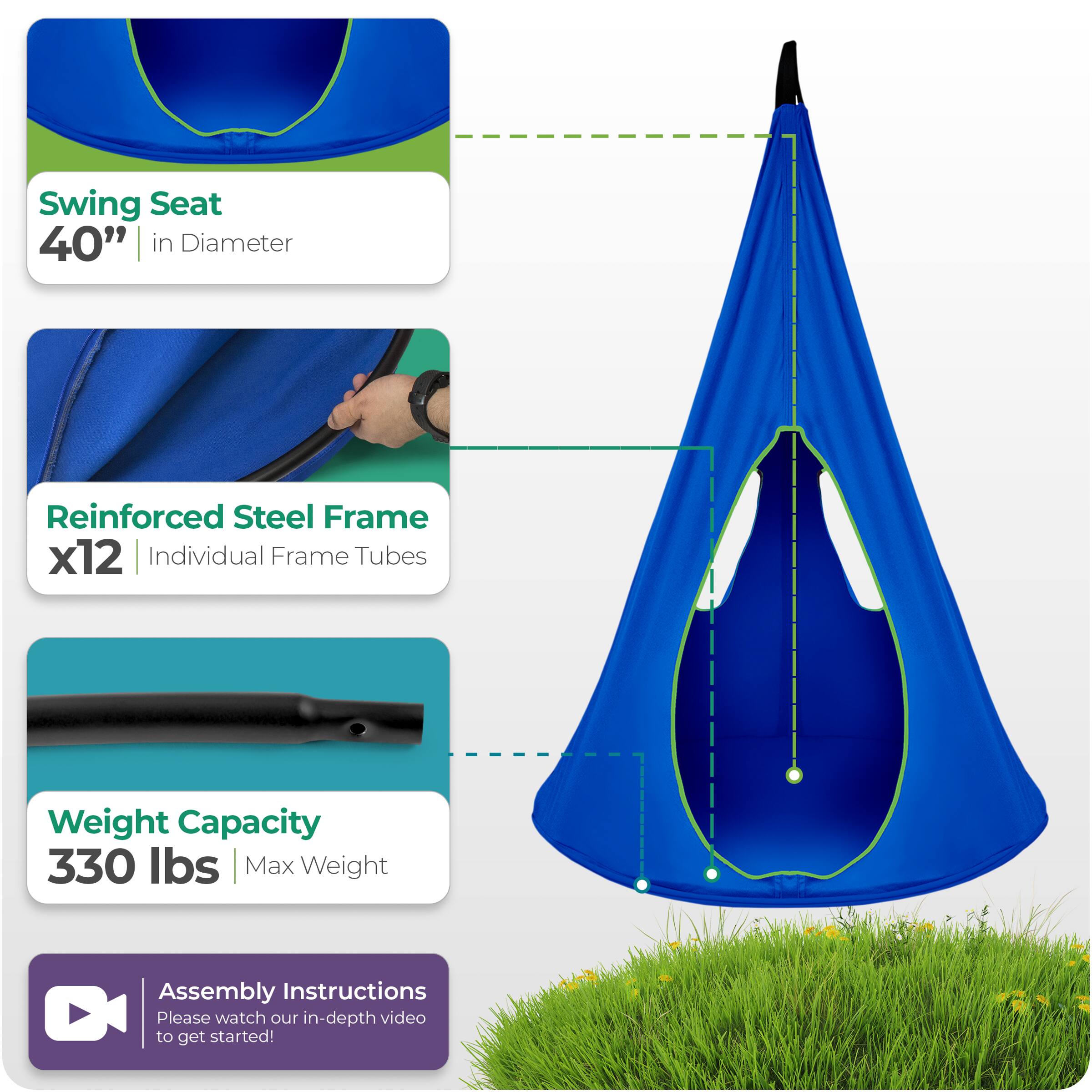 - Swing Seat: 40" in Diameter
- Reinforced Steel Frame: x12 Individual Frame Tubes
- Weight Capacity: 330 lbs Max Weight
- Assembly Instructions: Please watch our in-depth video to get started!