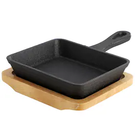 MegaChef - Mini Cast Iron Square Pan with Wood Tray - Black