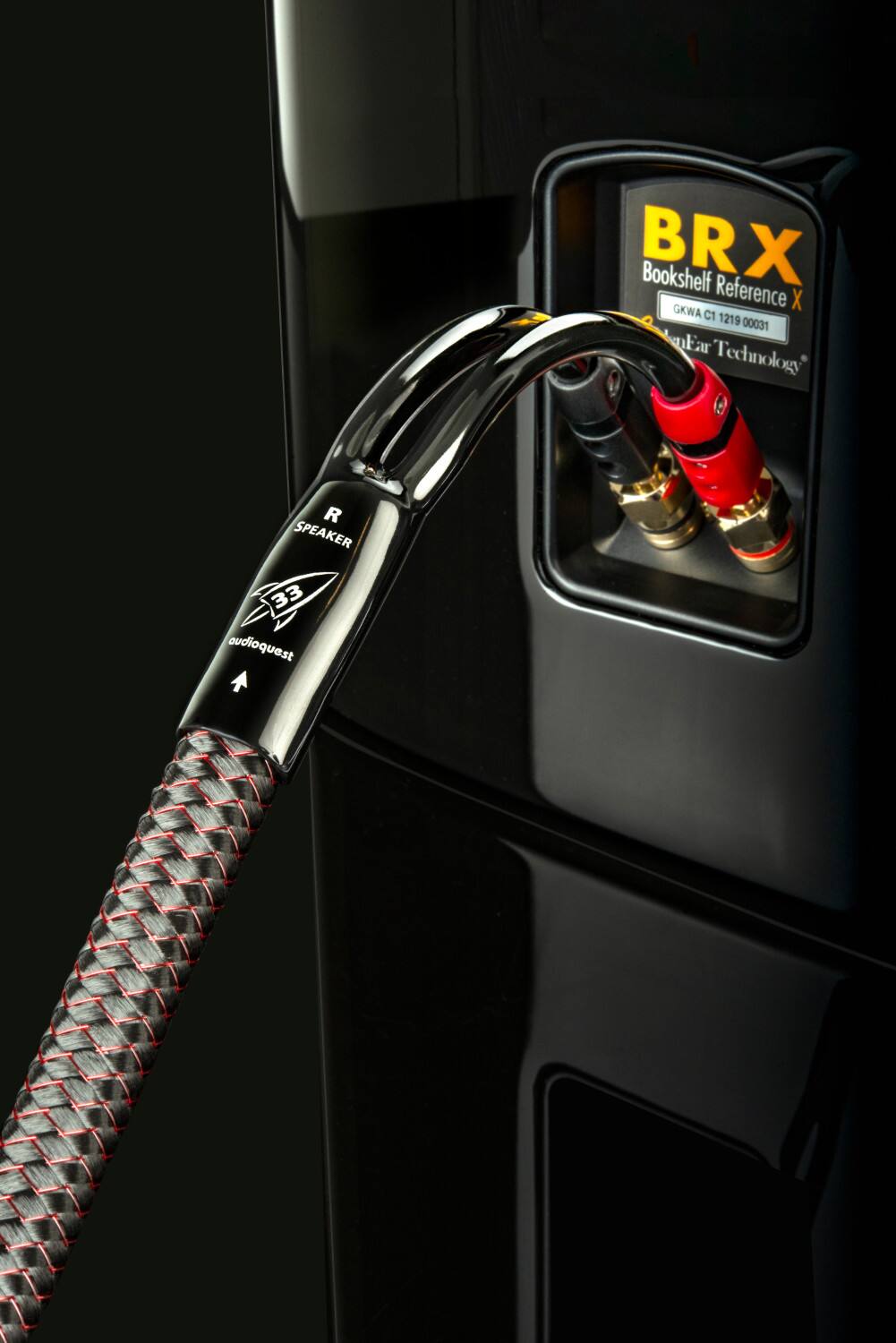 The image features a speaker with a red and black cord plugged into it. The speaker is labeled "BRX" and is accompanied by a black box with a red and black cord plugged into it. The speaker is connected to a black box, which is likely an amplifier. The image also includes a close-up of the speaker and the black box, showcasing the details of the equipment.