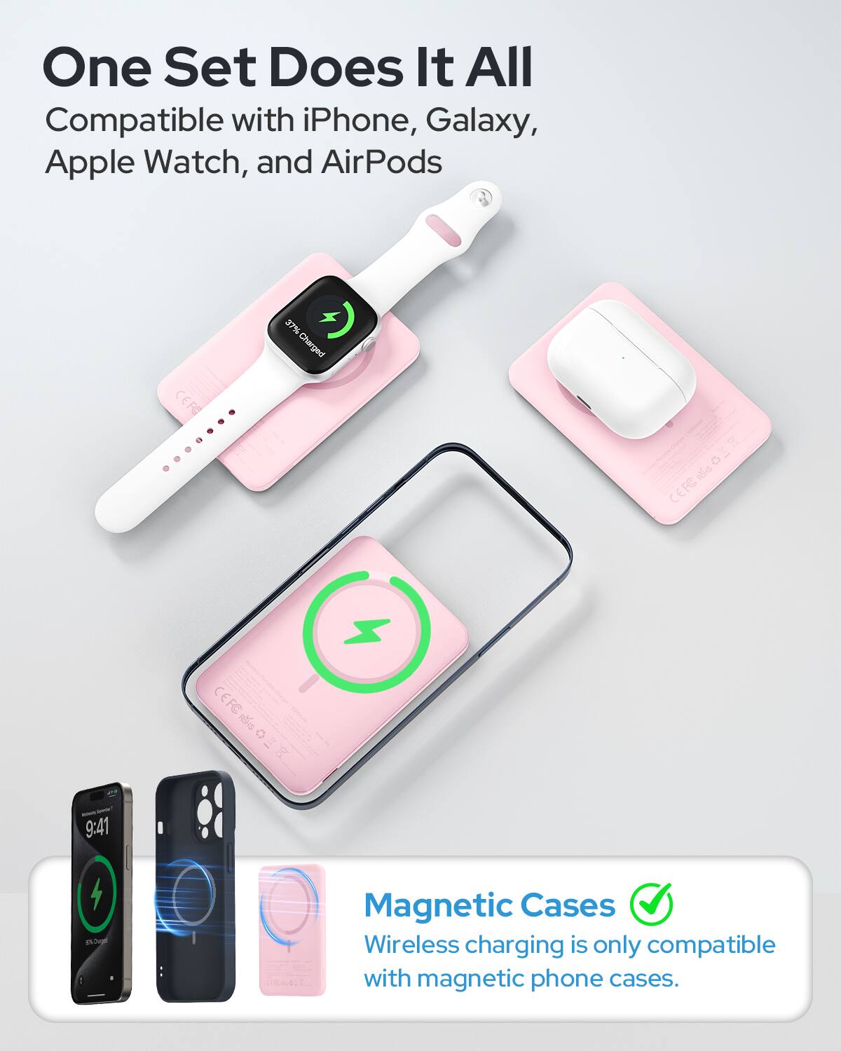 One Set Does It All  
Compatible with iPhone, Galaxy, Apple Watch, and AirPods  

Magnetic Cases  
Wireless charging is only compatible with magnetic phone cases.