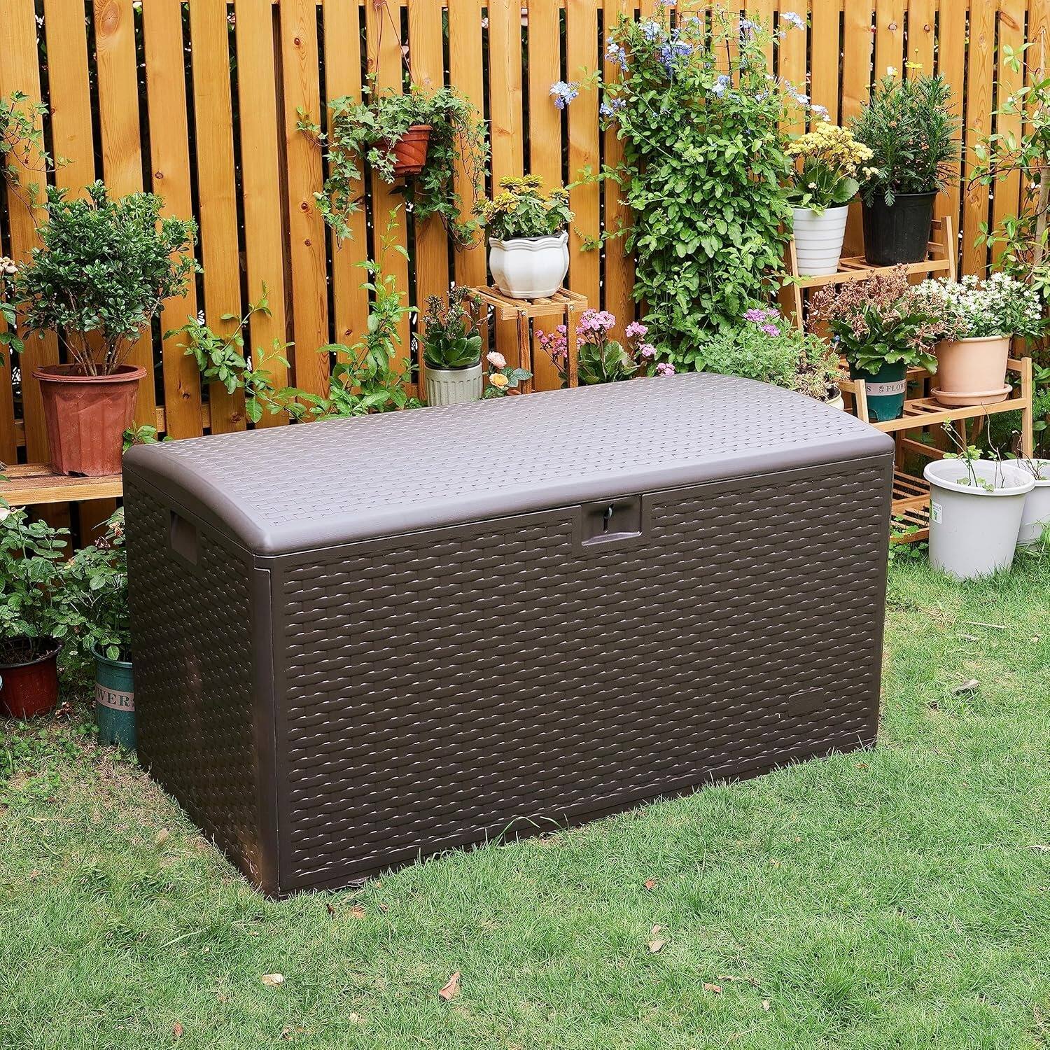 Back. Yardgrace - 99-Gallon Lockable Outdoor Storage Box,  Chest for Patio Cushions, Garden Tools and Pool Accessories - Brown.