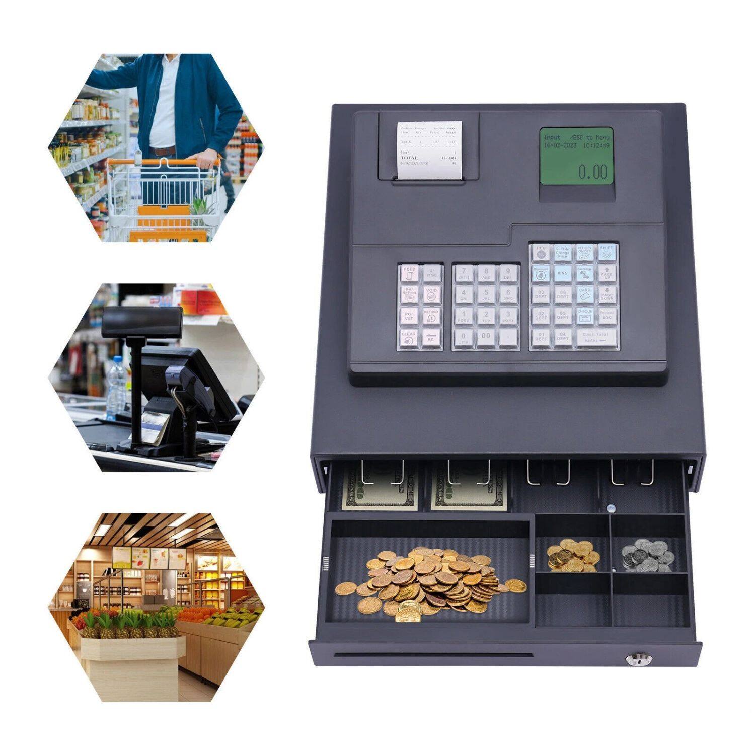 Sure, here is the corrected and grouped text from the image:

---

**Top Left:**
- Input: ESC to Menu
- 16-02-2023 0012149
- TOTAL: 0.00

**Top Right:**
- Input: ESC to Menu
- 16-02-2023 0012149
- TOTAL: 0.00

**Bottom Left:**
- (No visible text)

**Bottom Right:**
- (No visible text)

---

This text appears to be related to a point-of-sale system, showing transaction details and a cash drawer.