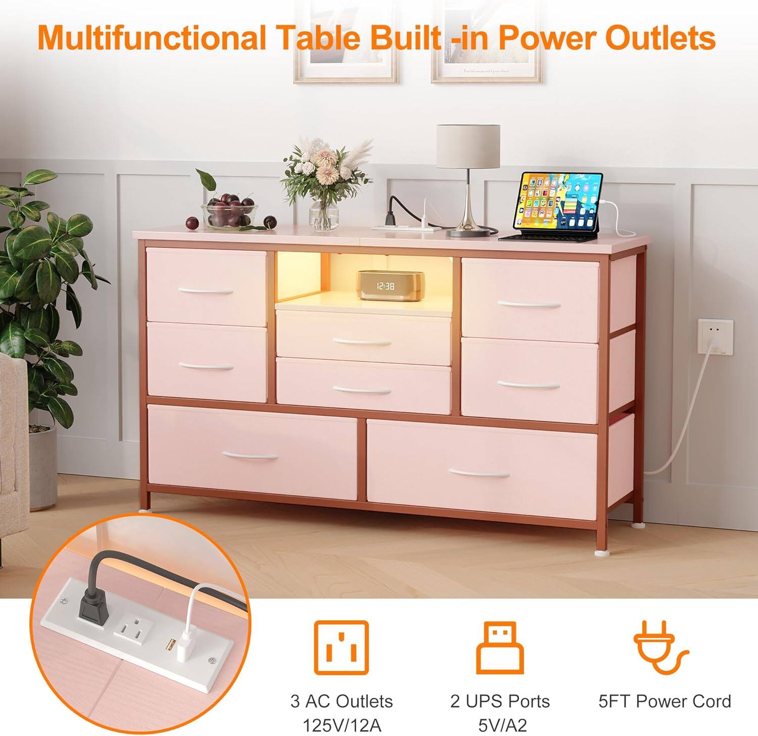 Multifunctional Table Built-in Power Outlets

- 3 AC Outlets
  - 125V/12A

- 2 UPS Ports
  - 5V/A2

- 5FT Power Cord