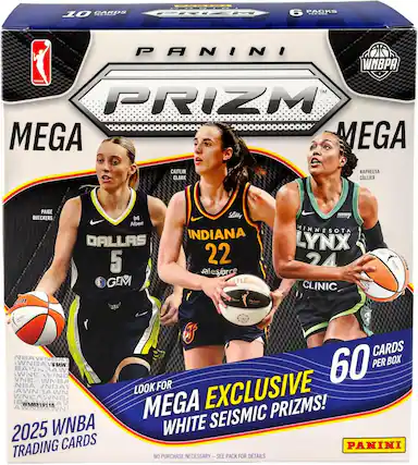 PANINI PRIZM MEGA
WNBA
2025 WNBA TRADING CARDS
6 PACKS 10
60 CARDS PER BOX
LOOK FOR EXCLUSIVE MEGA WHITE SEISMIC PRIZMS!
NO PURCHASE NECESSARY - SEE PACK FOR DETAILS
CARDS:
- PAIGE BUECKERS (DALLAS)
- CAITLIN CLARK (INDIANA)
- NAPHEESA COLLIER (MINNESOTA LYNX)
WNBA
NBAWNBA
WNBAVSMW
BAWN3A
3AW
WNE
WNEAWNB
IB
AV
WM8319115