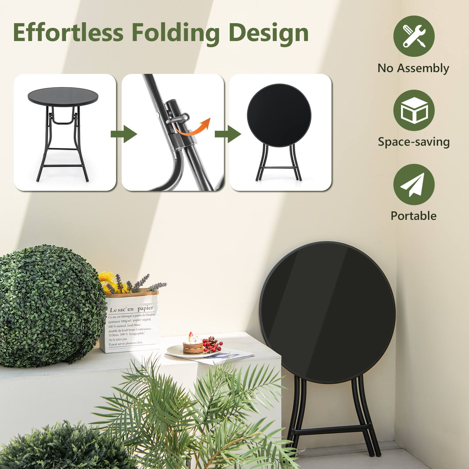 Effortless Folding Design  
No Assembly  
Space-saving  
Portable  

Le sac en papier