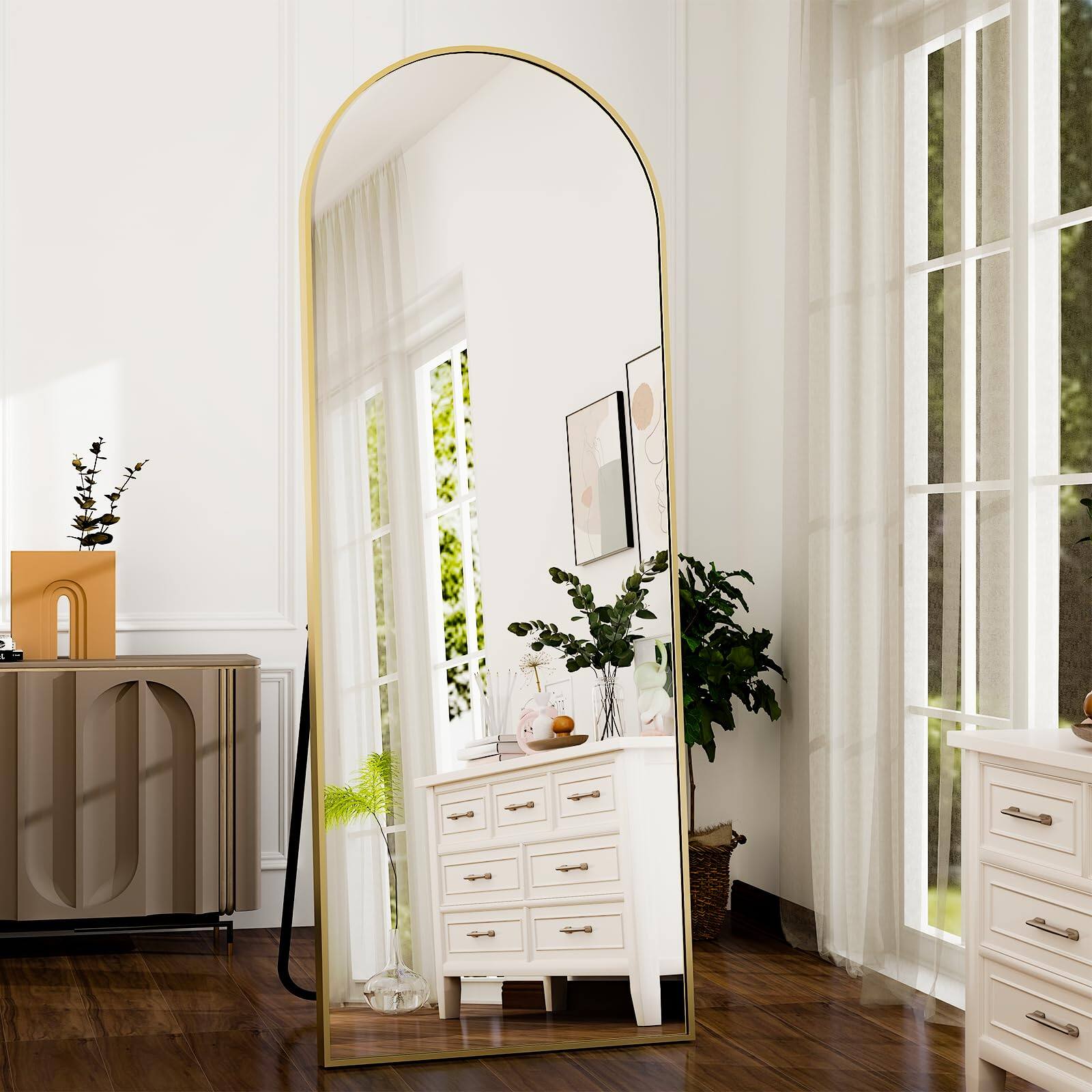 Left. Hirose Alice - Full Length Mirror aluminum Alloy Frame arch Mirror Hd full Body Mirror for Bedroom Or Living Room.