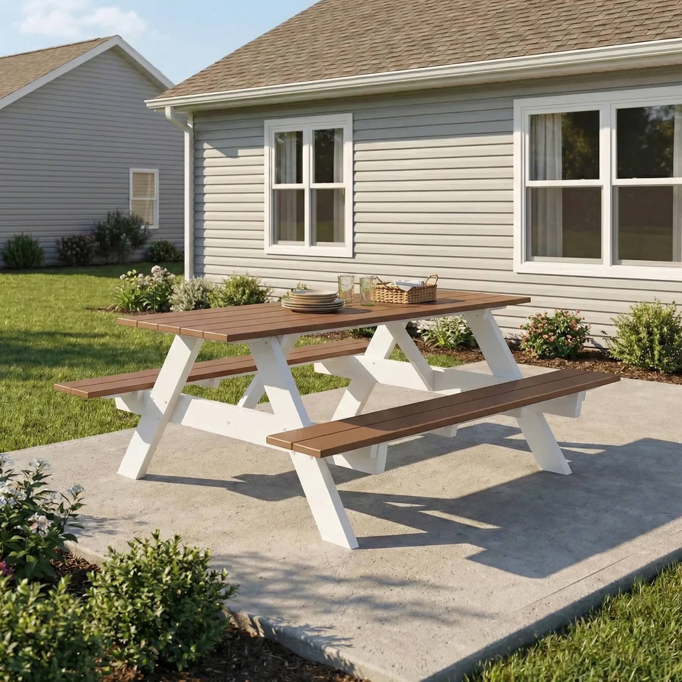 Angle. WestinTrends - WestinTrends Greenville Outdoor 70" HDPE Plastic Picnic Table Bench With Umbrella Hole - Teak.