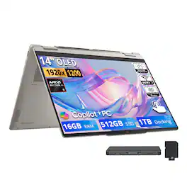 Lenovo - Yoga 7a 2-in-1 14" Touch Laptop,Ryzen AI 5 430,16GB RAM,512GB SSD+1TB Dock Set,Backlit,Fingerprint,Win11 - Seashell