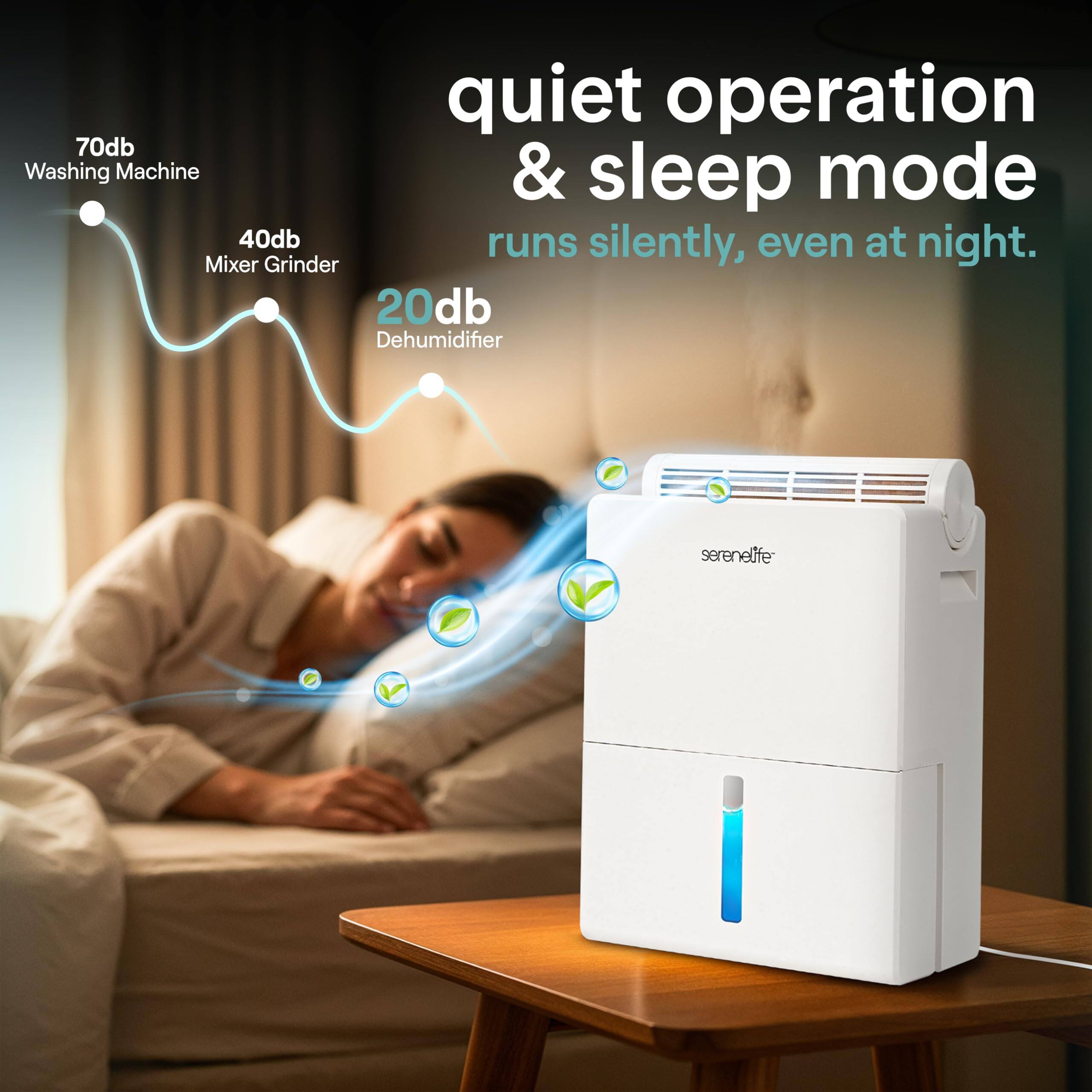 quiet operation & sleep mode  
runs silently, even at night.  

70db Washing Machine  
40db Mixer Grinder  
20db Dehumidifier  

serenelife
