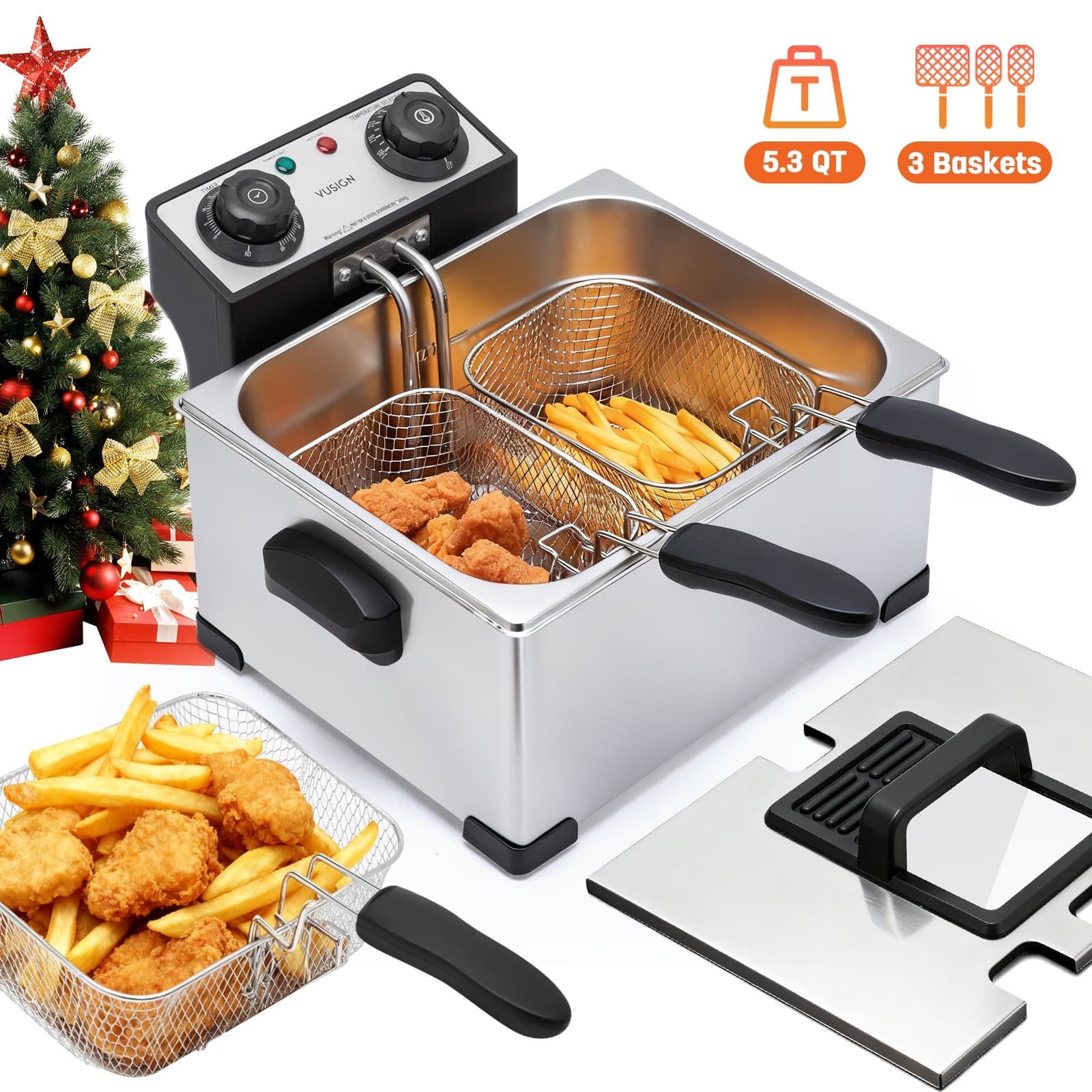 VUSIGN - 1800W 5.3QT Stainless Steel Deep Fryer with 3 Frying Baskets, Adjustable Temperature, Lid with Viewing Window - Silver