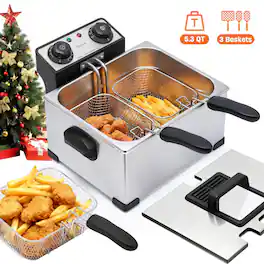 VUSIGN - 1800W 5.3QT Stainless Steel Deep Fryer with 3 Frying Baskets, Adjustable Temperature, Lid with Viewing Window - Silver