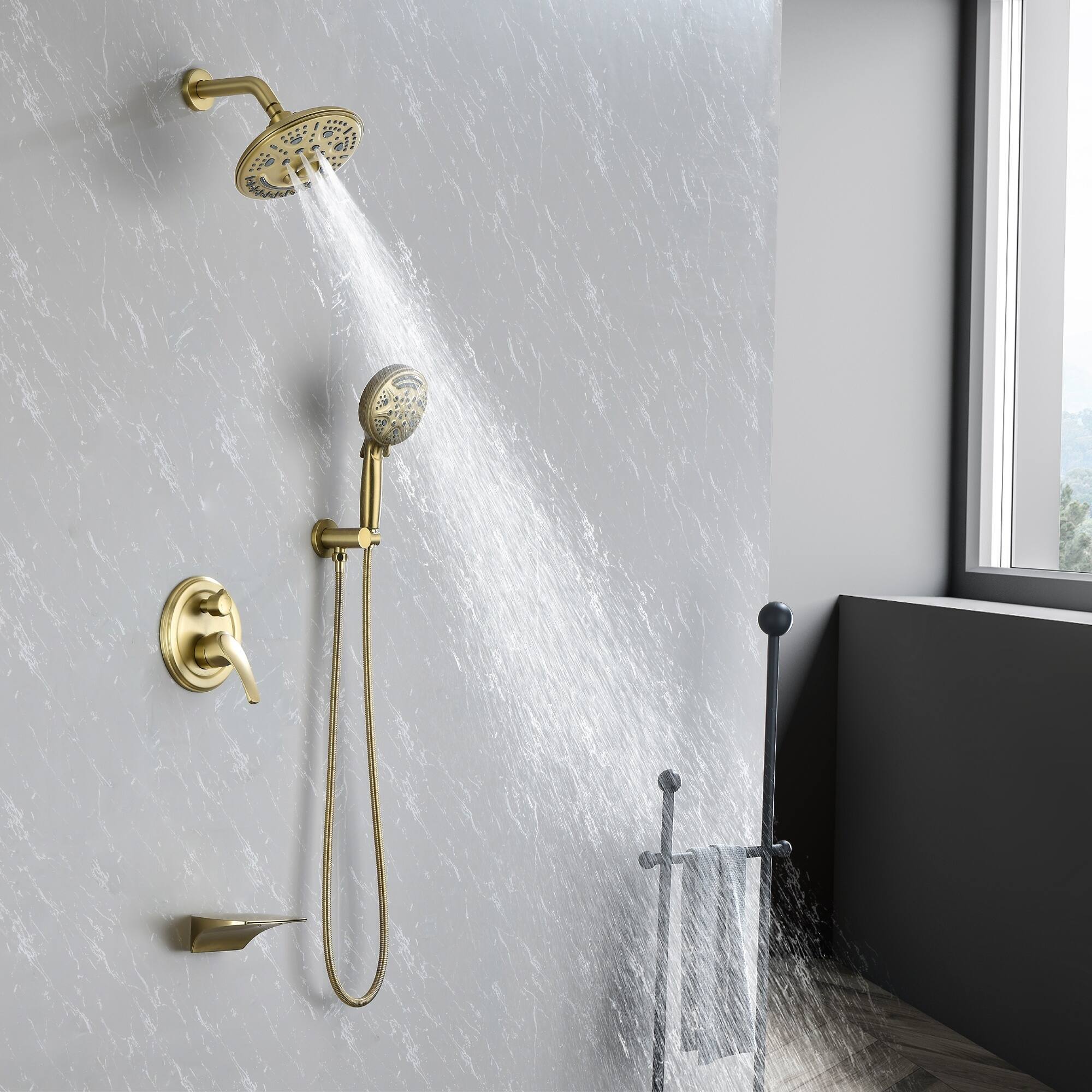 Alt View 3. Boyel Living - Brushed Gold Shower Set Brass SUS304 3-Function Valve 8-Inch Top Spray 9-Function Handheld cUPC - Brushed Gold.