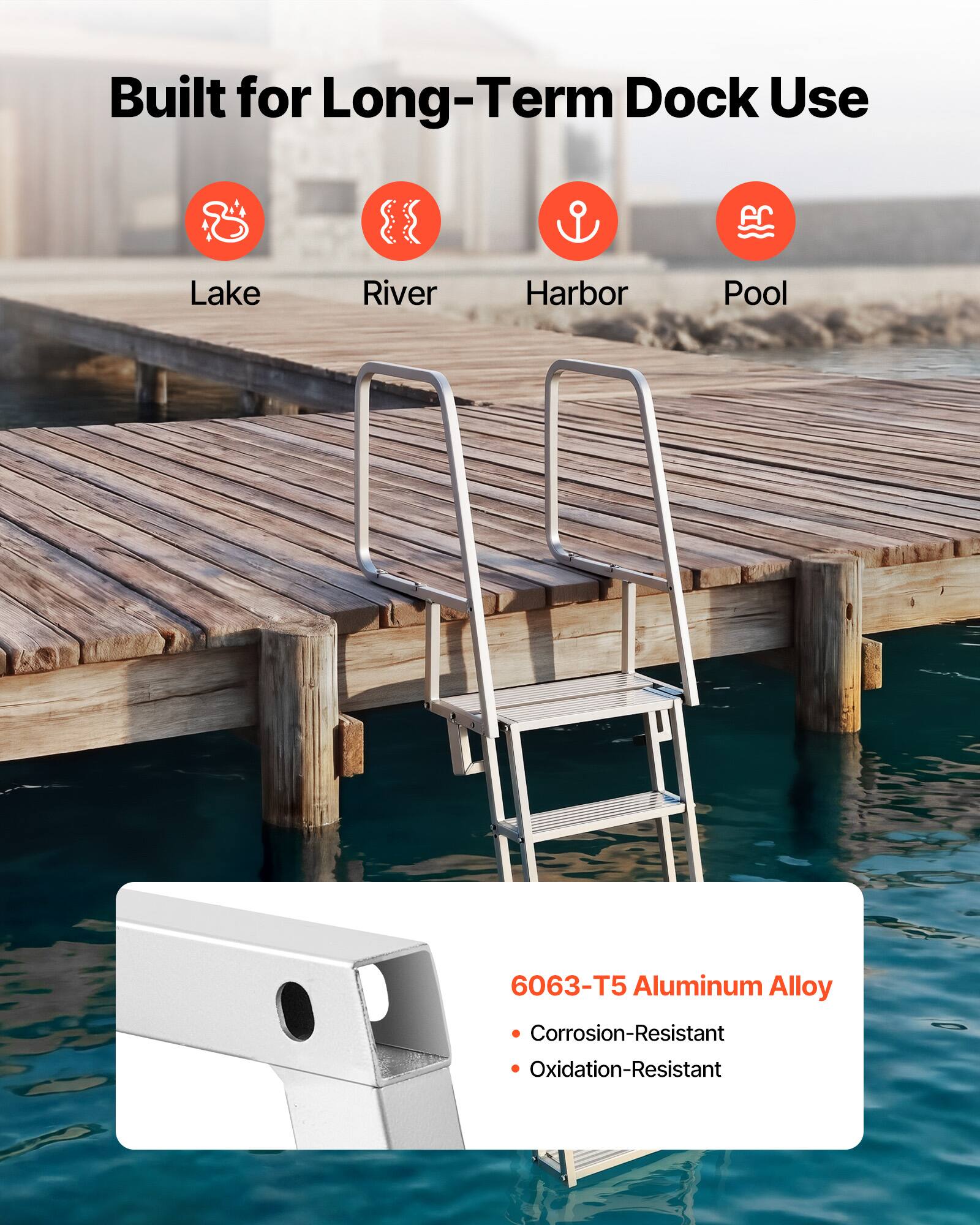 Built for Long-Term Dock Use

Lake  
River  
Harbor  
Pool  

6063-T5 Aluminum Alloy  
- Corrosion-Resistant  
- Oxidation-Resistant