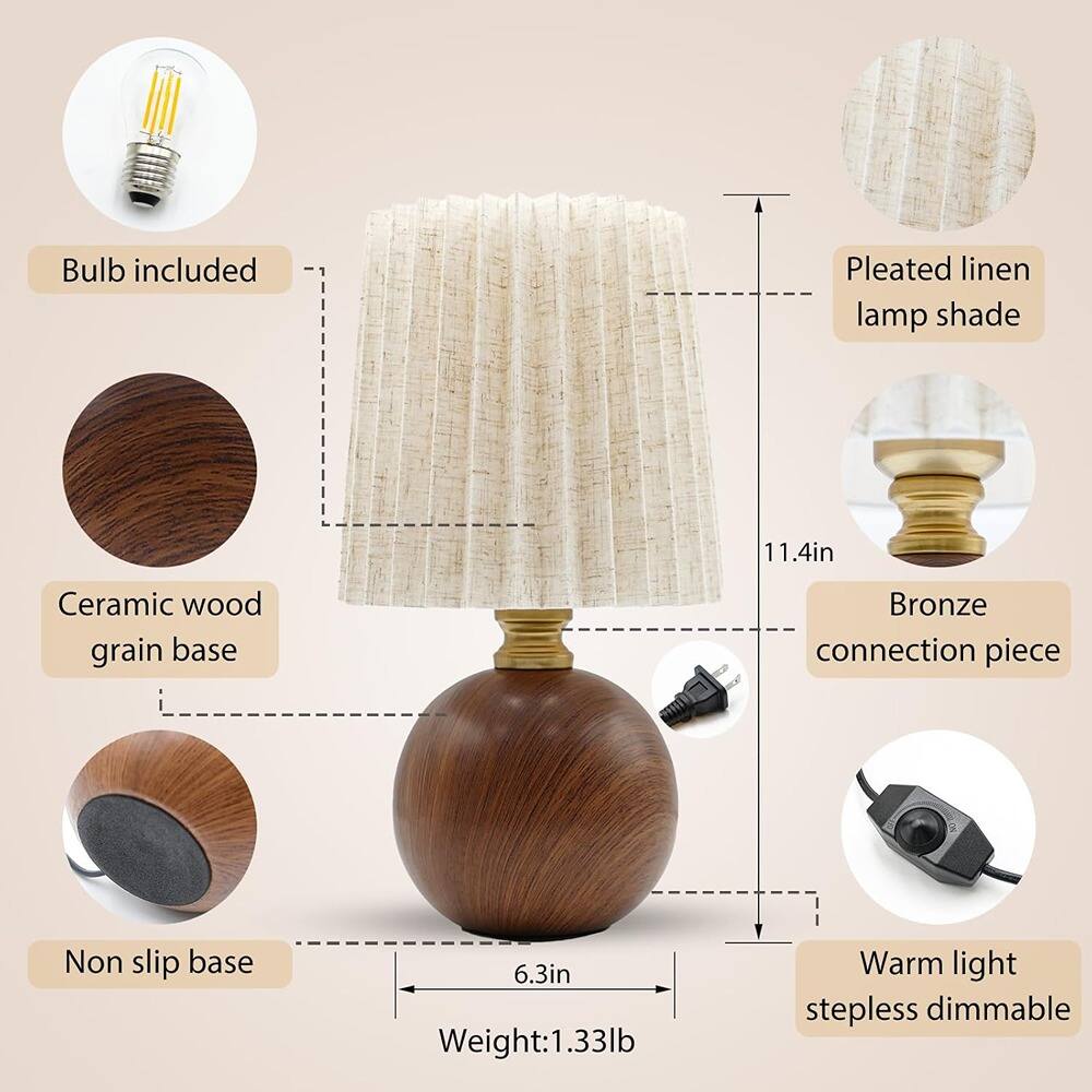 - Bulb included
- Pleated linen lamp shade
- Ceramic wood grain base
- Bronze connection piece
- Non slip base
- Warm light stepless dimmable
- Weight: 1.33lb
- Height: 11.4in
- Diameter: 6.3in