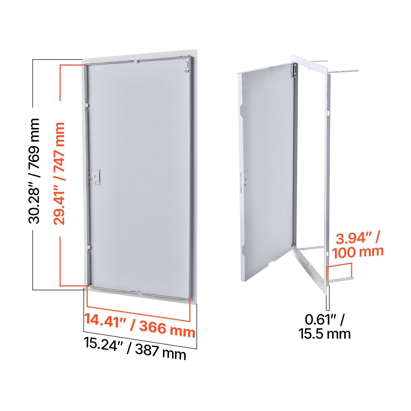 30.28" / 769 mm  
29.41" / 747 mm  
14.41" / 366 mm  
15.24" / 387 mm  
3.94" / 100 mm  
0.61" / 15.5 mm