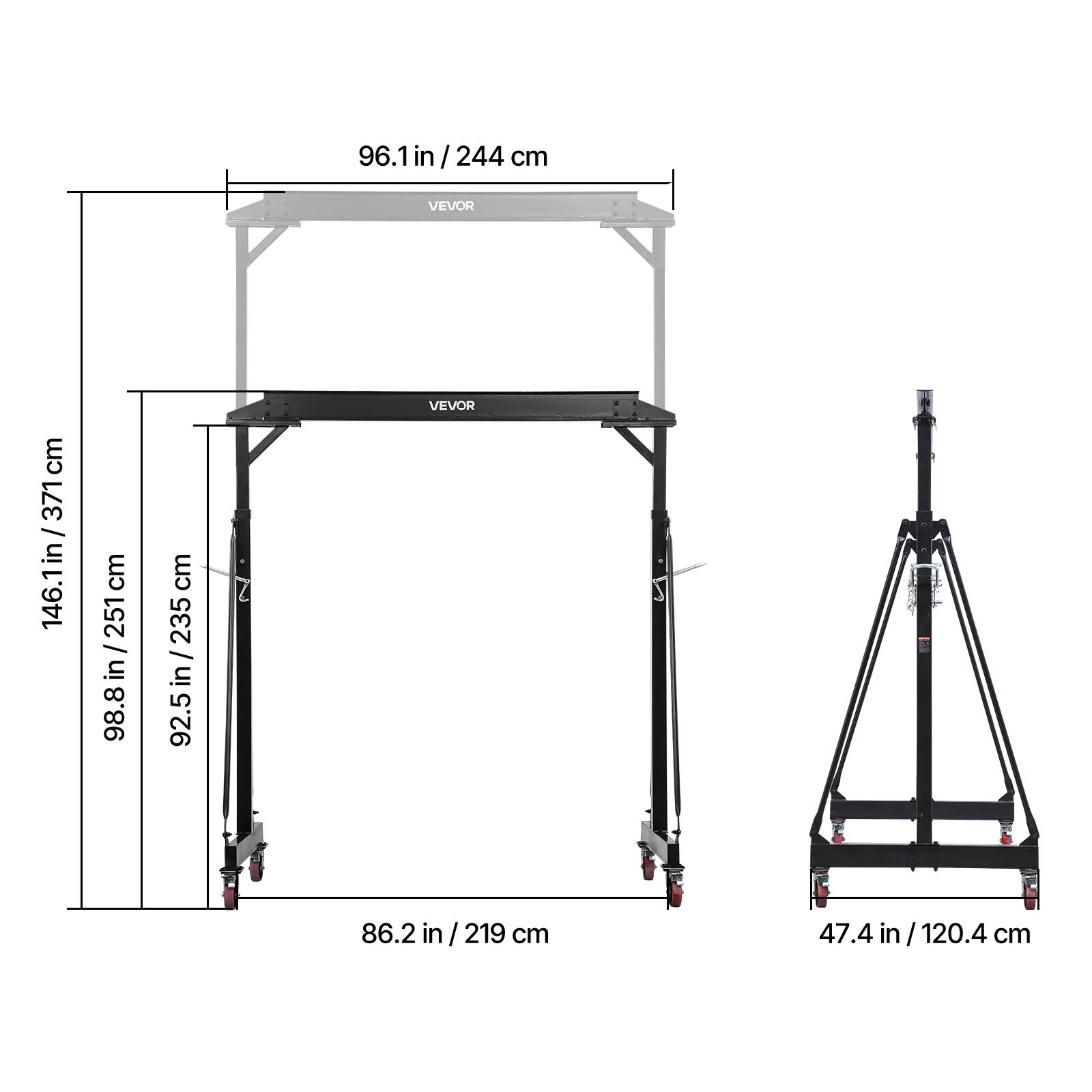 96.1 in / 244 cm  
146.1 in / 371 cm  
98.8 in / 251 cm  
92.5 in / 235 cm  
86.2 in / 219 cm  
47.4 in / 120.4 cm