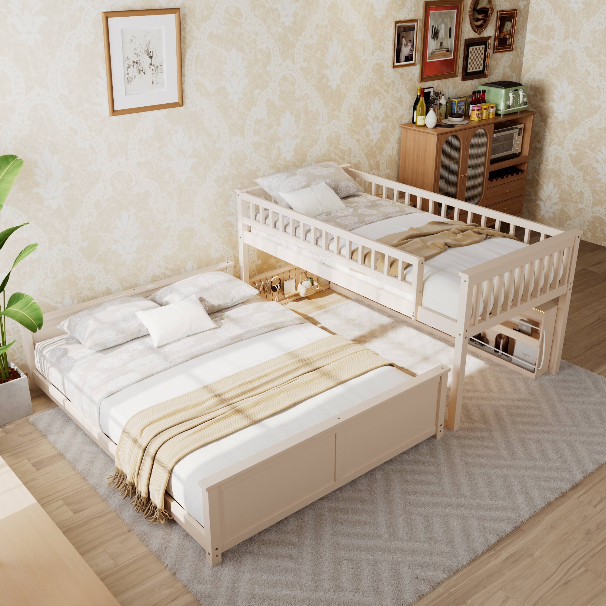 Alt View 2. Anysun - Twin XL over Queen Bunk Bed with Integrated Shelving, Color-Changing Lights and Pegboard - Beige.