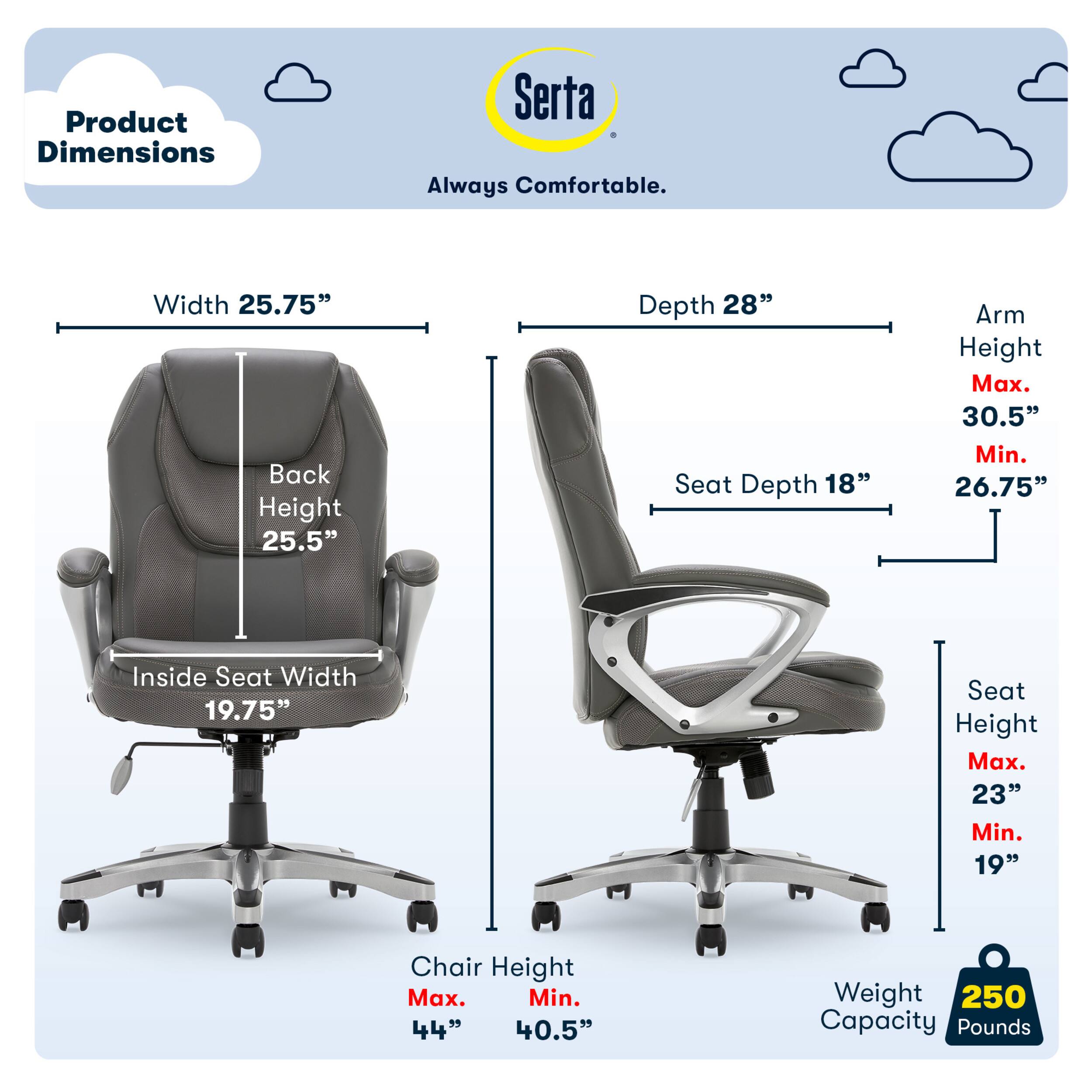Alt View 11. Serta - Executive Office Chair with Ergonomic Lumbar Support Padded Arms Modern Computer Chair Swivel Leather and Mesh - Duo Gray.
