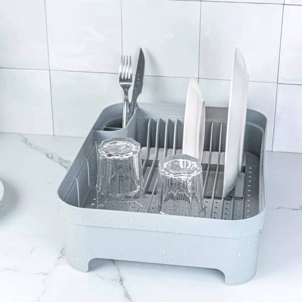 Alt View 1. OU - OU Dish Drying Rack for Kitchen Counter, Freestanding Plastic Dish Strainer with Utensil Holder - White - White.