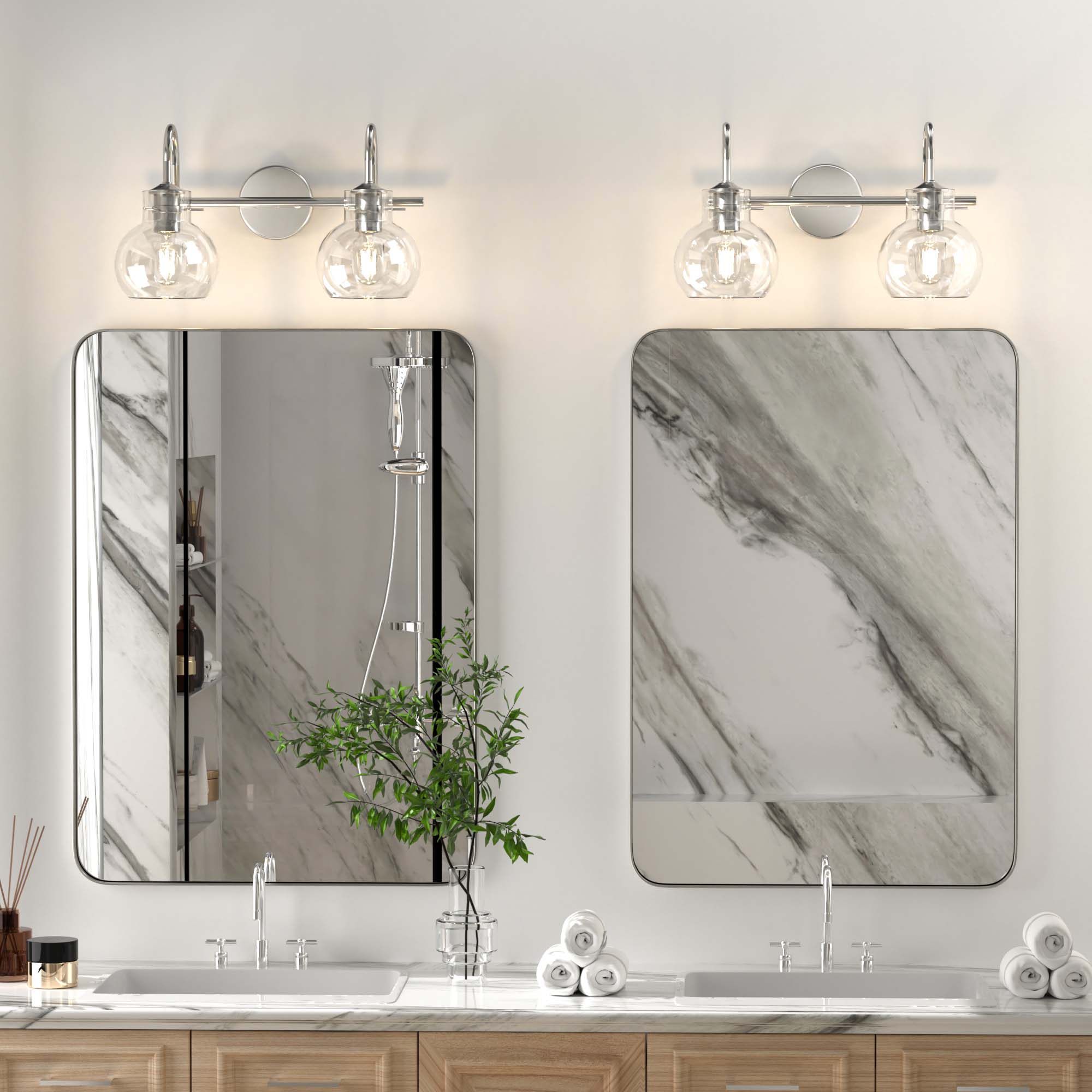 Left. PAIHOME - 2-Light Bathroom Light Fixtures, 11" Modern Vanity Lights with Clear Glass Shade, Bathroom Wall Lamp, E26 Base UL Listed - Silver.