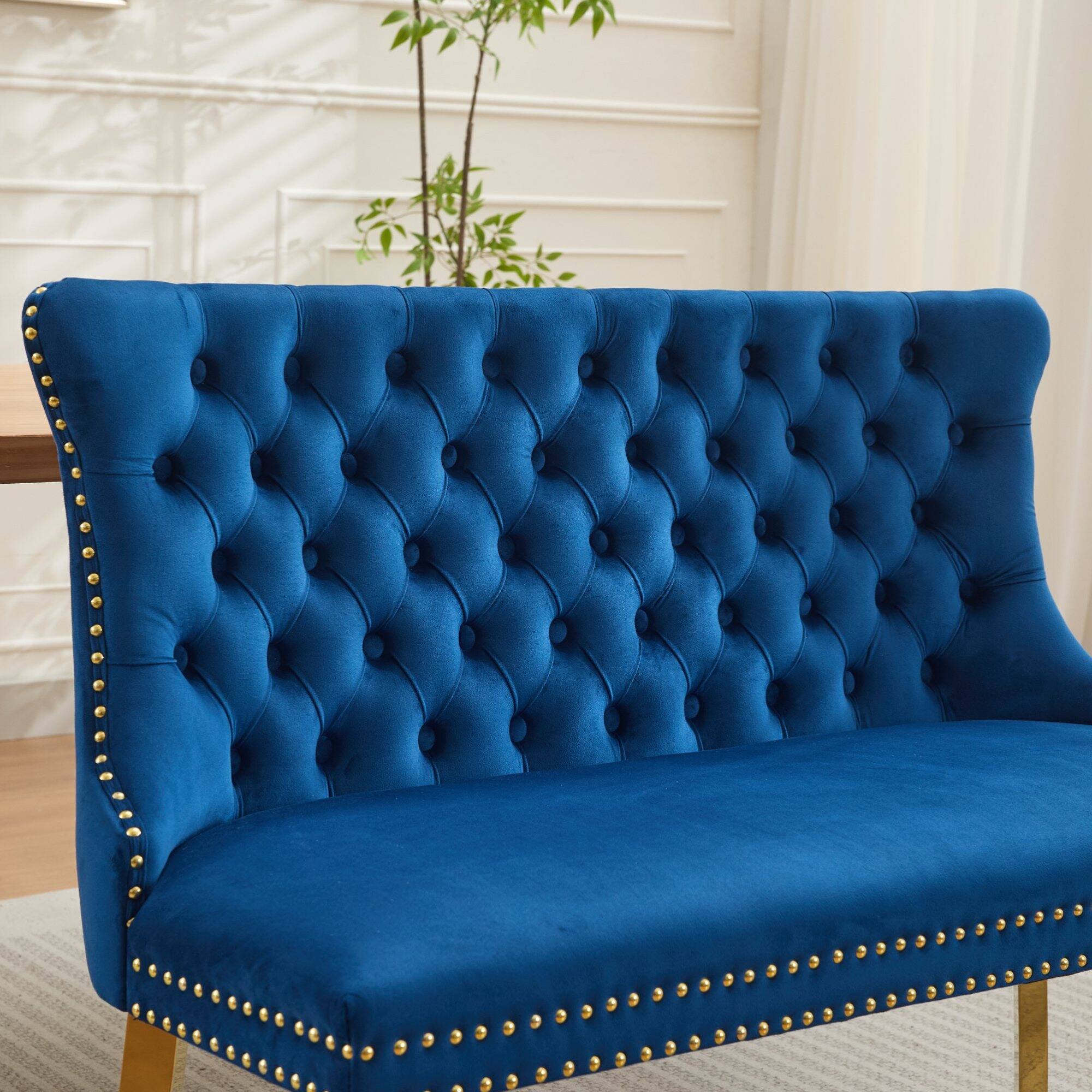 Alt View 5. GOODSILO - Velvet Tufted Double Seater Dining Bench with Gold Accent Legs for Kitchen and Dining Room Seating - Blue.