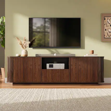 Front. Whisen - 70-Inch Modern TV Stand for TVs up to 80-Inch,Entertainment Media Console with Ample Storage and Cured Corners - Dark Brown.