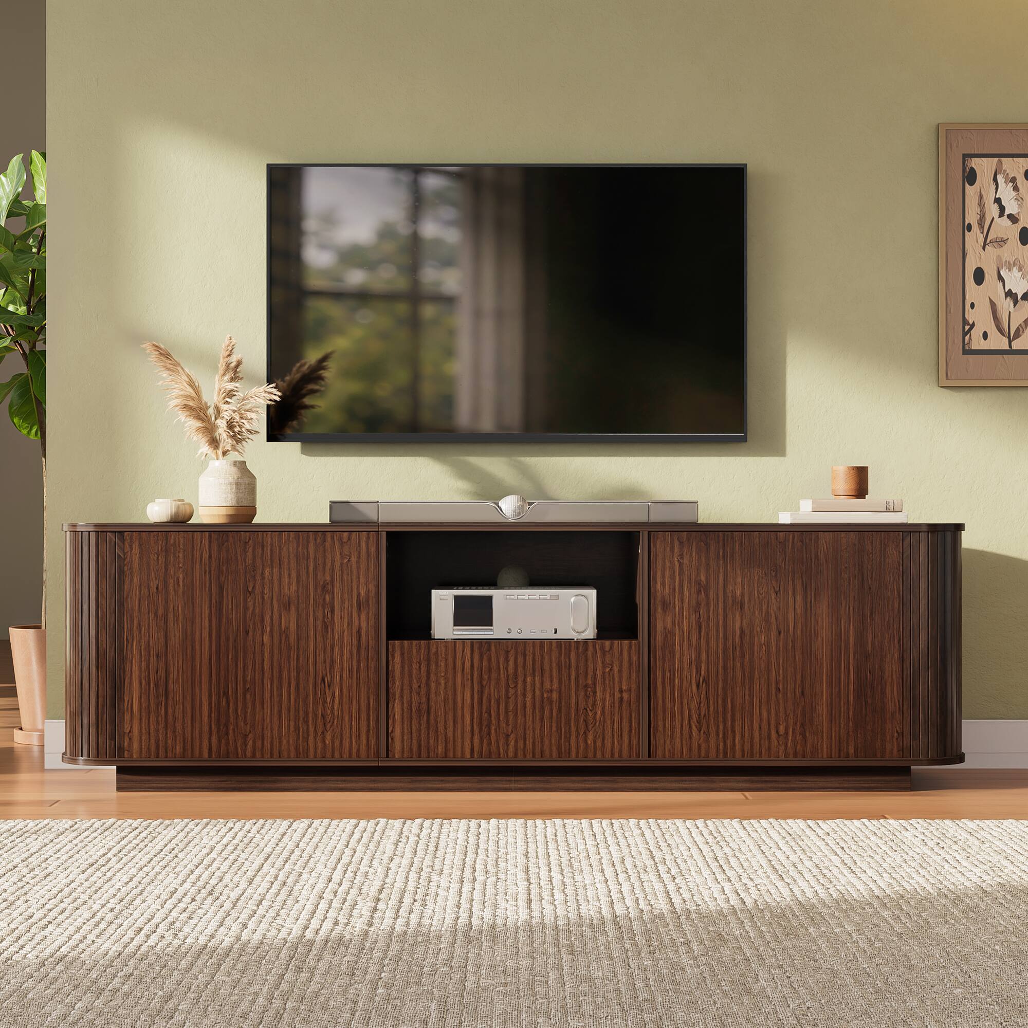 Front. Whisen - 70-Inch Modern TV Stand for TVs up to 80-Inch,Entertainment Media Console with Ample Storage and Cured Corners - Dark Brown.