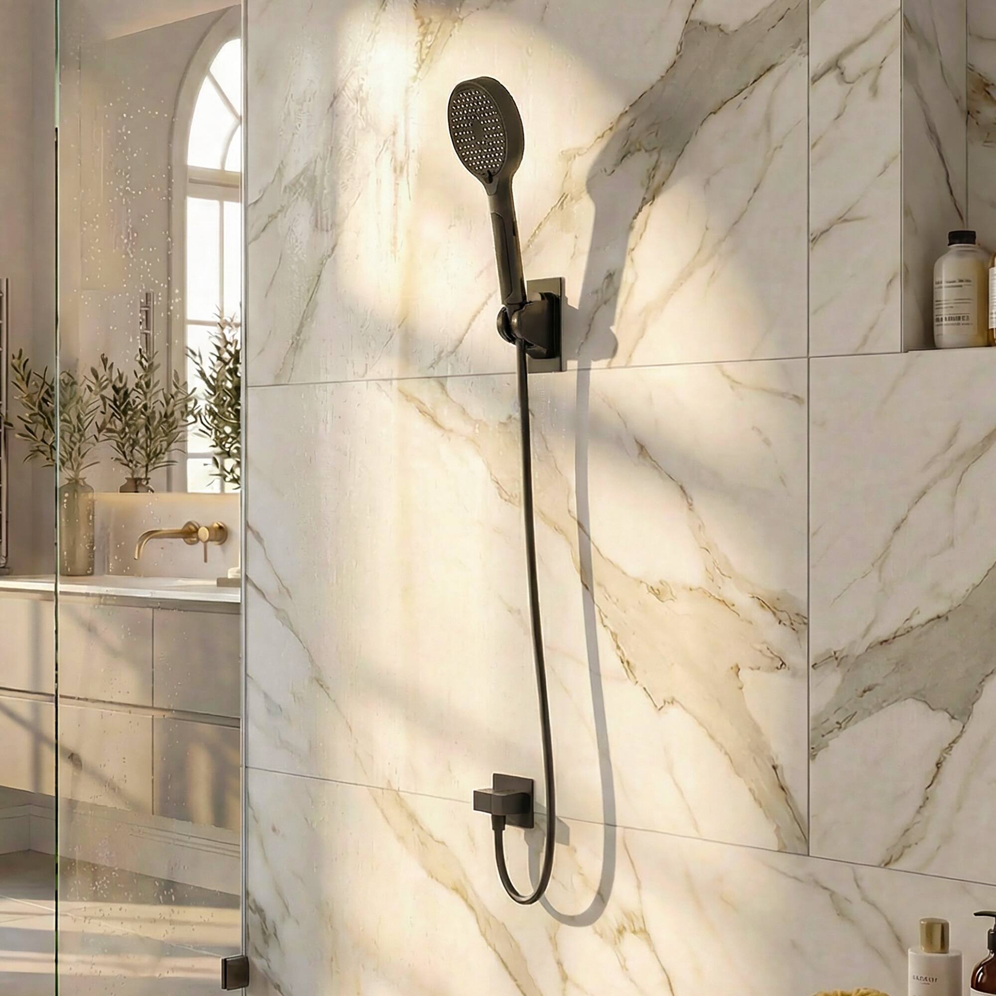 Angle. Famapy - Gray Digital Shower Head - Handheld with Temperature Display & 4 Spray Modes, 59" Hose, Modern Bathroom Fixture - Gray.