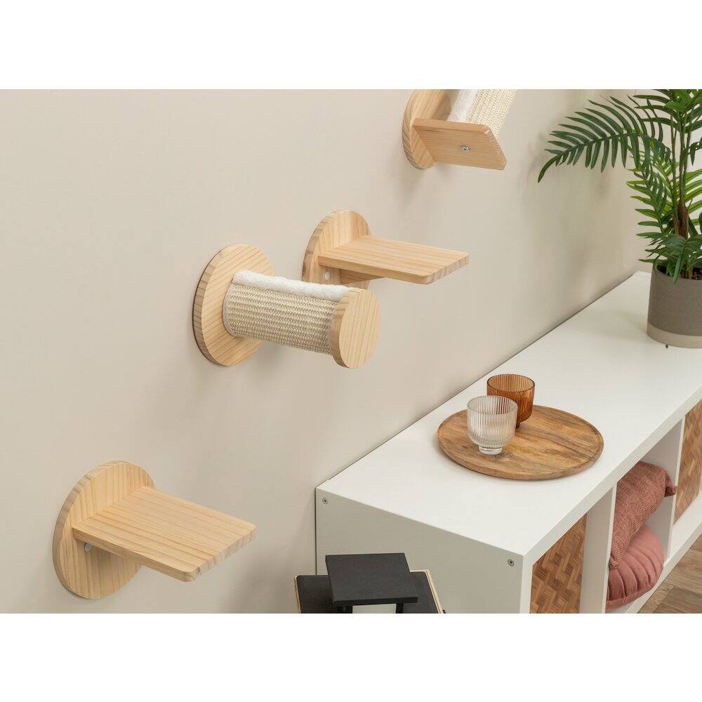 Left. TRIXIE - Wall Set 6 Multi-Level Wall Mounted Cat Perch System w-Corner Sisal Posts - Natural/White.