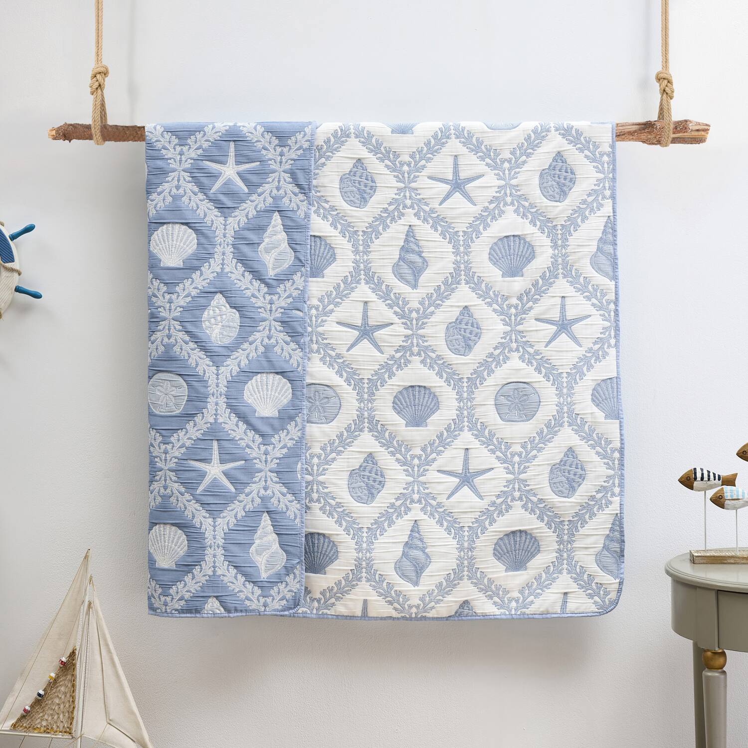 Back. Greenland Home Fashions - Greenland Home Fashion Laguna 100% Polyester Reversible Accessory Throw Blanket 50" x 60" Chambray - Chambray.