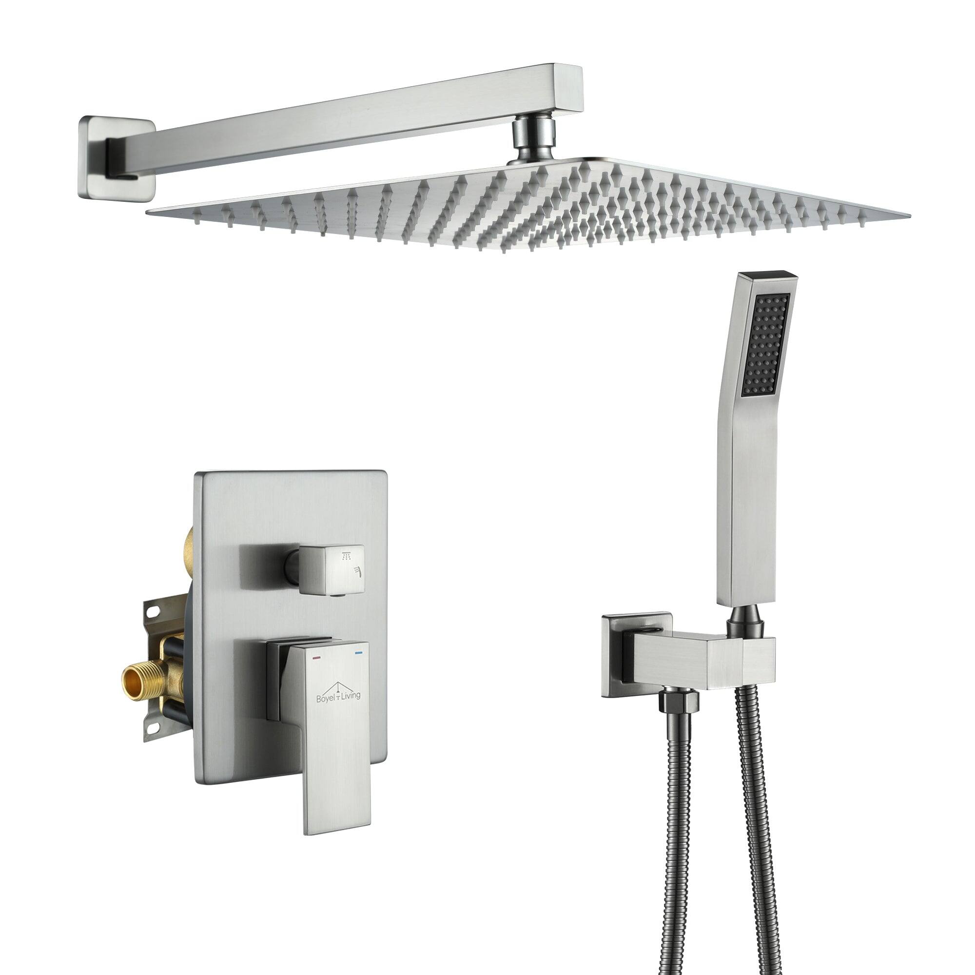 Front. Boyel Living - 1-Spray Patterns with 2.5 GPM 12 in. Square Wall Mount Dual Shower Heads with Pressure Balance Valve in Brushed Nickel - Brushed Nickel.