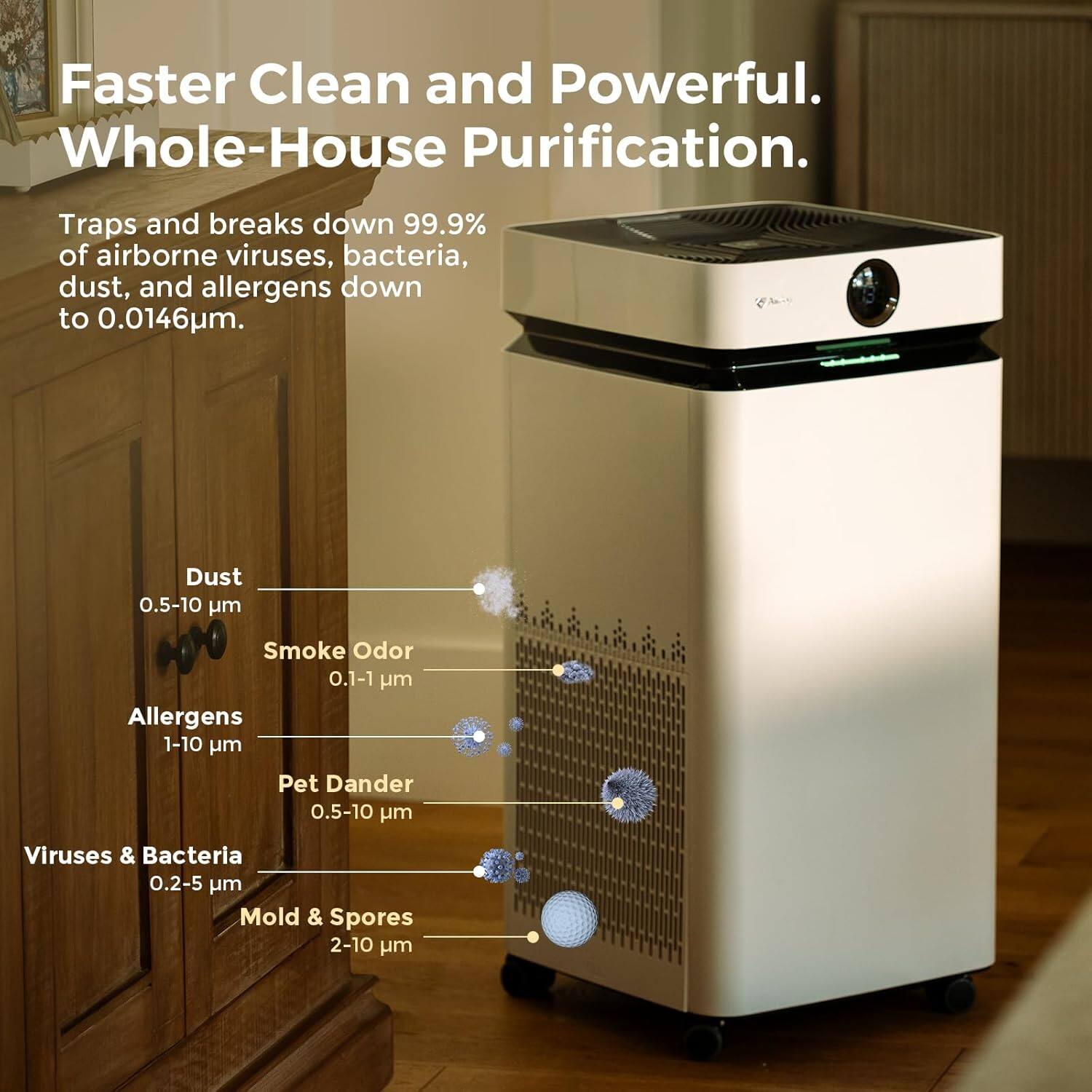 Faster Clean and Powerful. Whole-House Purification. Traps and breaks down 99.9% of airborne viruses, bacteria, dust, and allergens down to 0.0146um. Dust 0.5-10 µm Smoke Odor 0.1-1 µm Allergens 1-10 µm Pet Dander 0.5-10 µm Viruses & Bacteria 0.2-5 µm Mold & Spores 2-10 µm