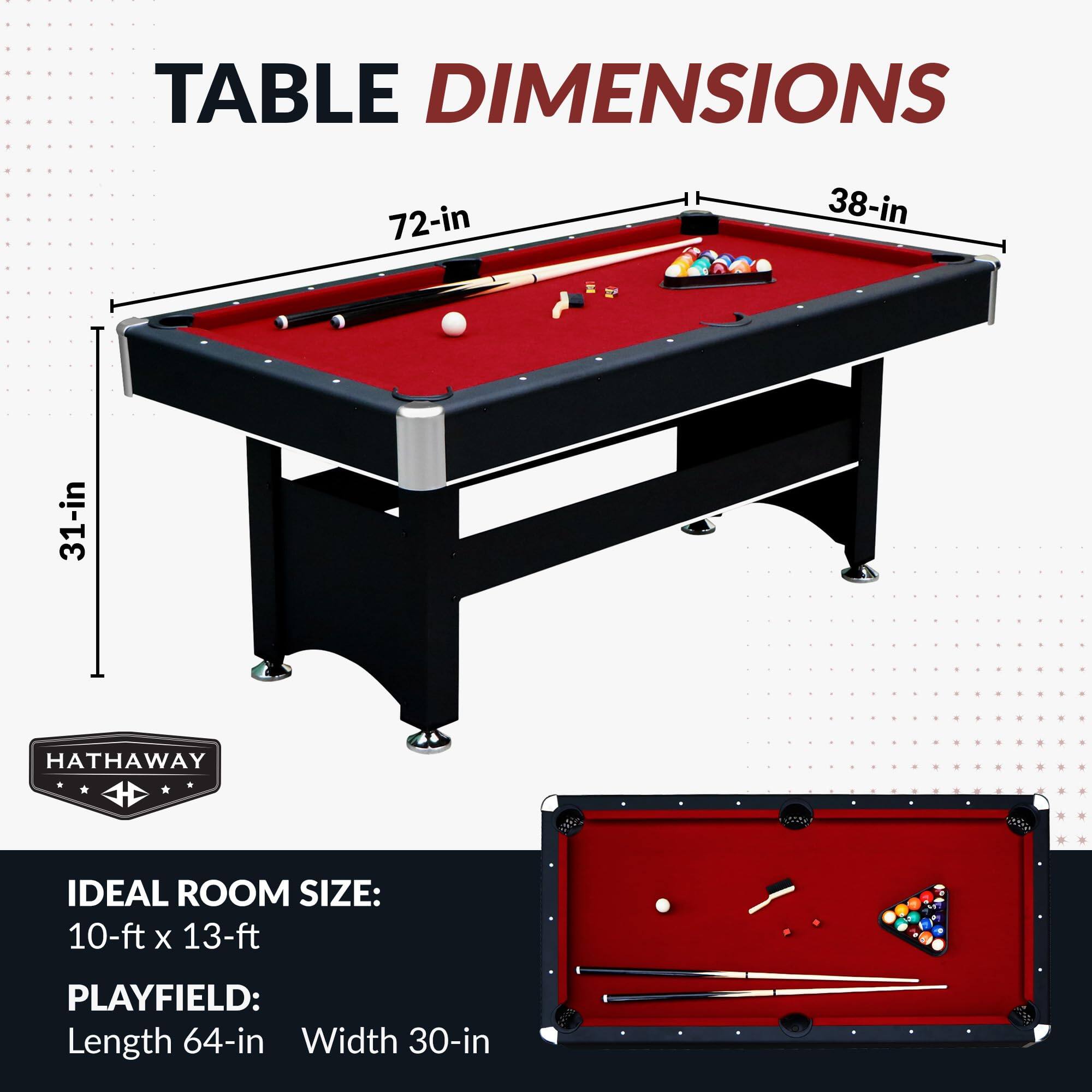 TABLE DIMENSIONS  
72-in x 38-in x 31-in  

HATHAWAY HD  

IDEAL ROOM SIZE: 10-ft x 13-ft  

PLAYFIELD:  
Length 64-in  
Width 30-in