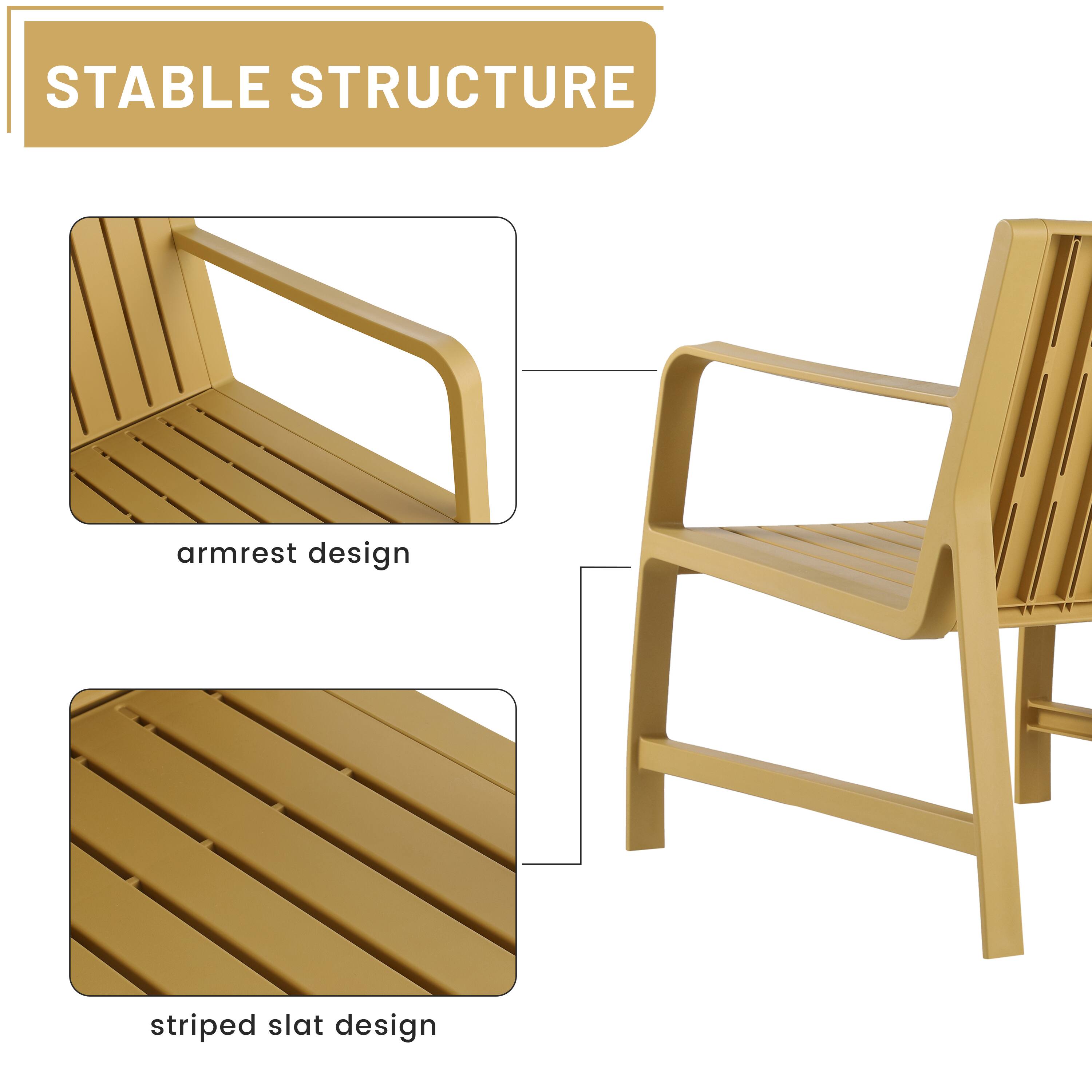 STABLE STRUCTURE

- armrest design
- striped slat design