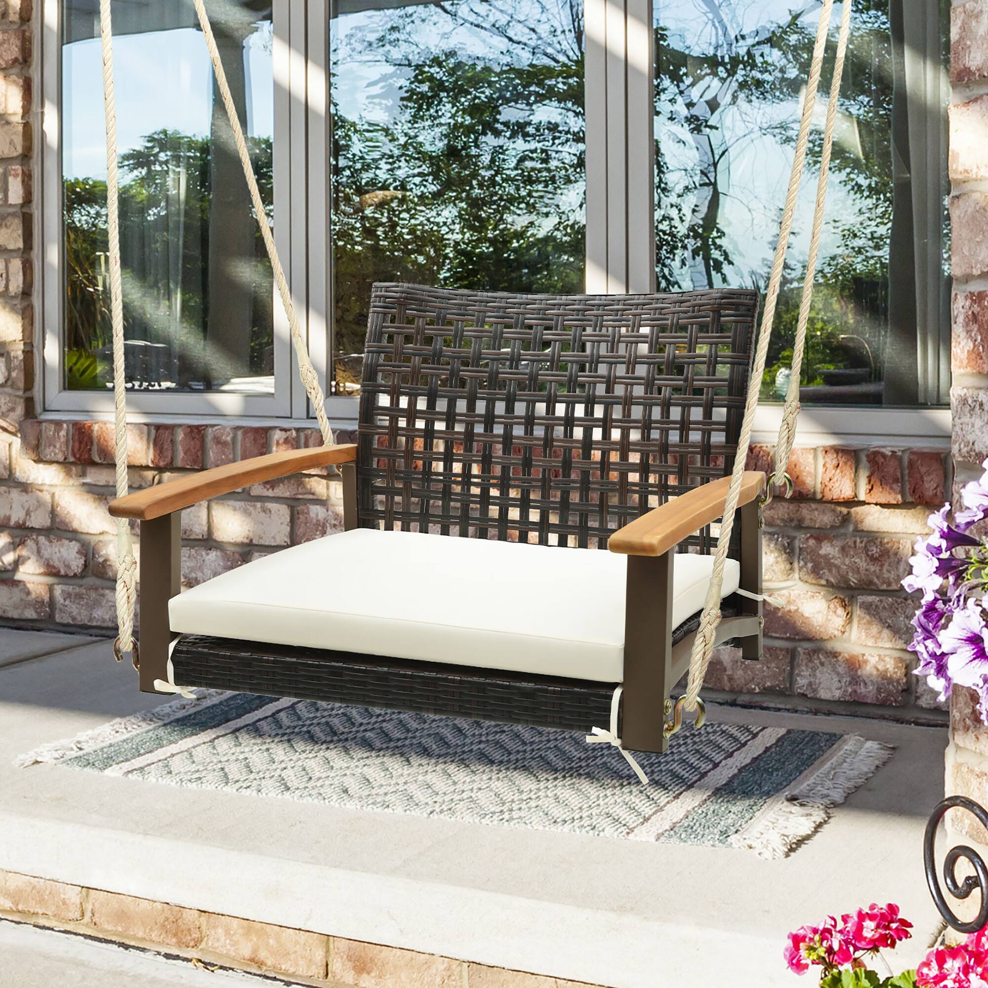 Alt View 8. Gymax - Gymax Rattan Porch Swing Patio Wicker Single Hanging Seat w/ Seat Cushion & Acacia Wood Armrests - Mix Brown, White.