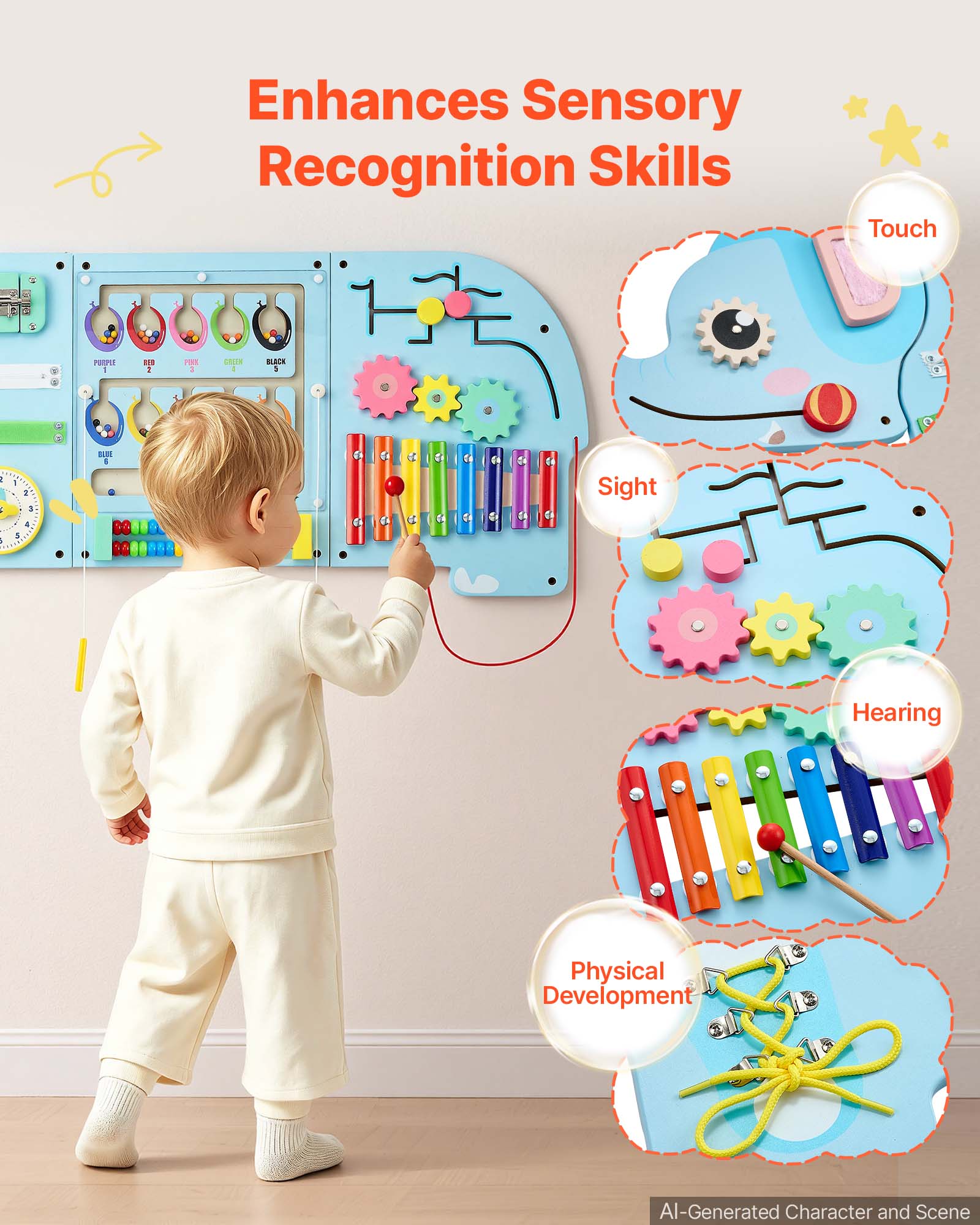Enhances Sensory Recognition Skills

Touch
- POTPLE: 2
- PORK: 2
- BLACK: 2
- 1 2 3 4, 5
- BLUE: 6

Sight
Hearing
Physical Development

AI-Generated Character and Scene