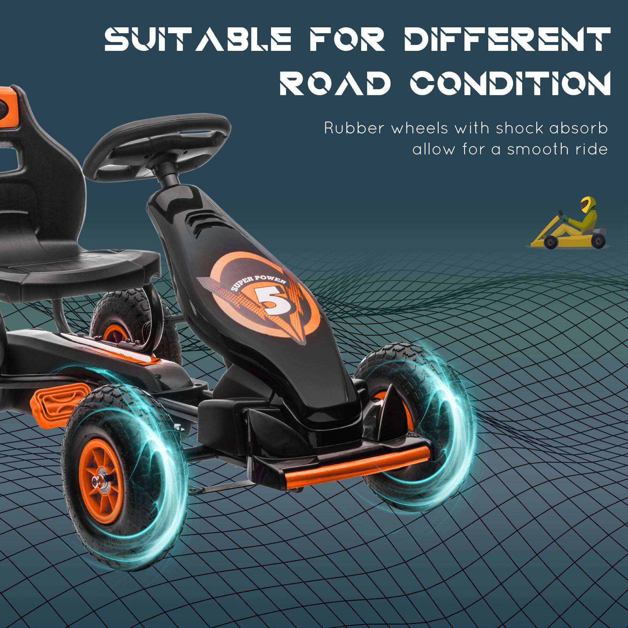 SUITABLE FOR DIFFERENT ROAD CONDITION

Rubber wheels with shock absorb allow for a smooth ride

SUPER POWER 5