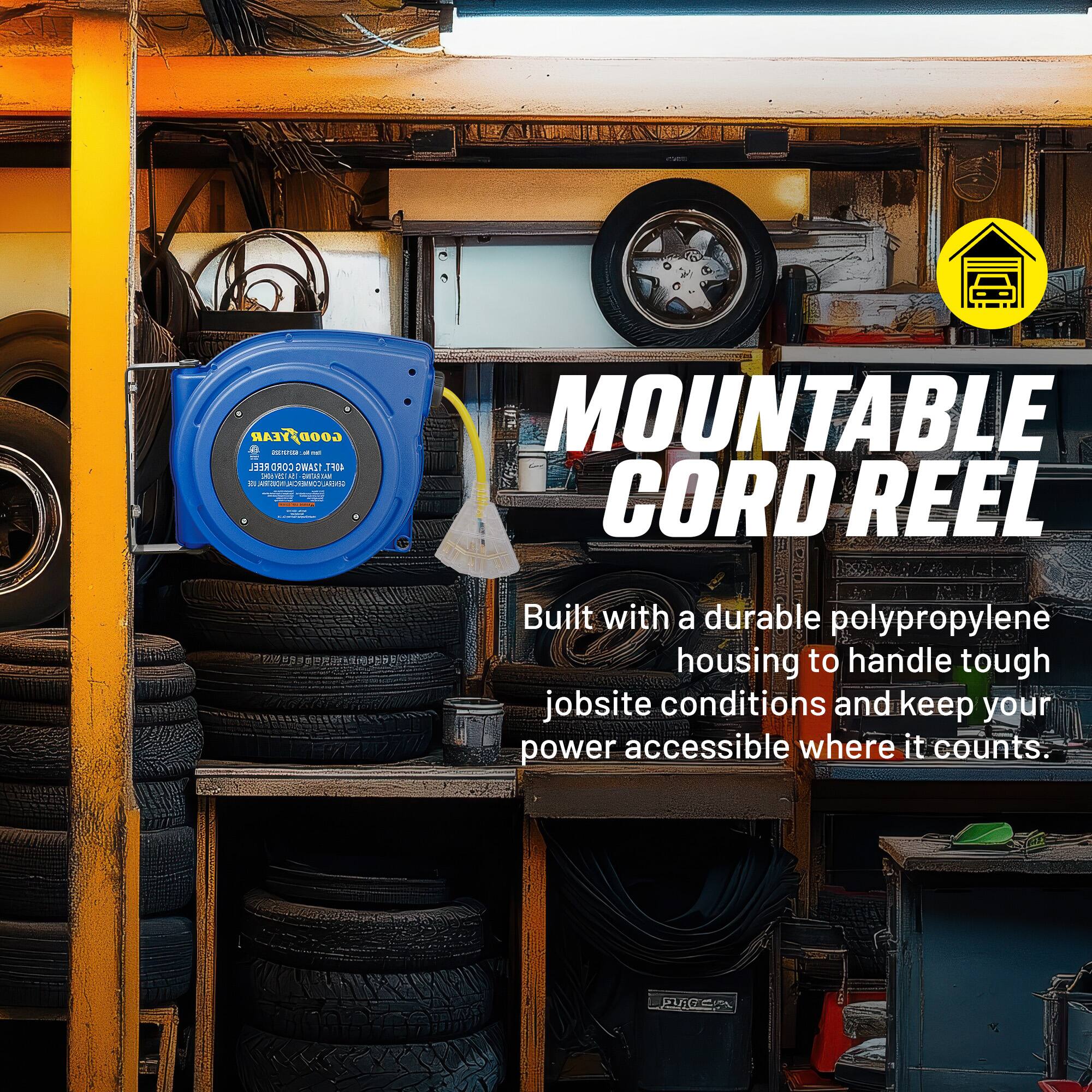 MOUNTABLE CORD REEL - Built with a durable polypropylene housing to handle tough jobsite conditions and keep your power accessible where it counts.