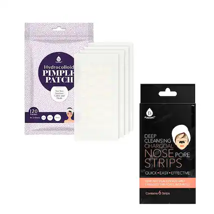 **Hydrocolloid Pimple Patch**
- Tea tree
- Calms and Heals
- 120 Patches in 3 sizes
- Before
**Deep Cleansing Charcoal Nose Pore Strips**
- Quick • Easy • Effective
- Removes Blackheads and Unclogs the Pores Instantly
- Contains 6 Strips