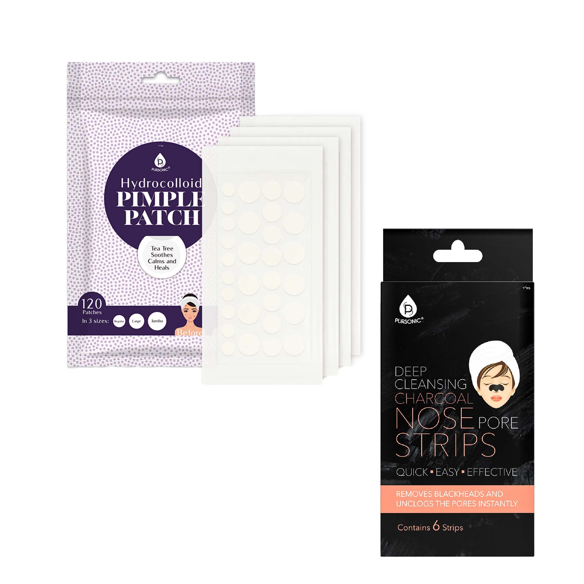 **Hydrocolloid Pimple Patch**

- Tea tree
- Calms and Heals
- 120 Patches in 3 sizes
- Before

**Deep Cleansing Charcoal Nose Pore Strips**

- Quick • Easy • Effective
- Removes Blackheads and Unclogs the Pores Instantly
- Contains 6 Strips