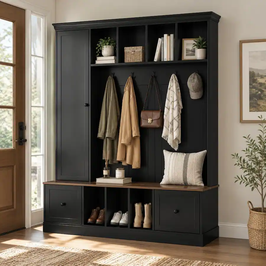 Shoe Rack Winning RYHNUYNE VIBE HAUS 62.2 in Farmhouse Hall Tree, Coat Rack and Shoe ...