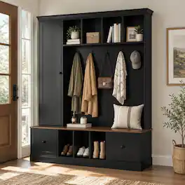 RYHNUYNE - VIBE HAUS 62.2 in Farmhouse Hall Tree, Coat Rack and Shoe Bench, Adjustable Cabinet, 5 Hooks, White - Black