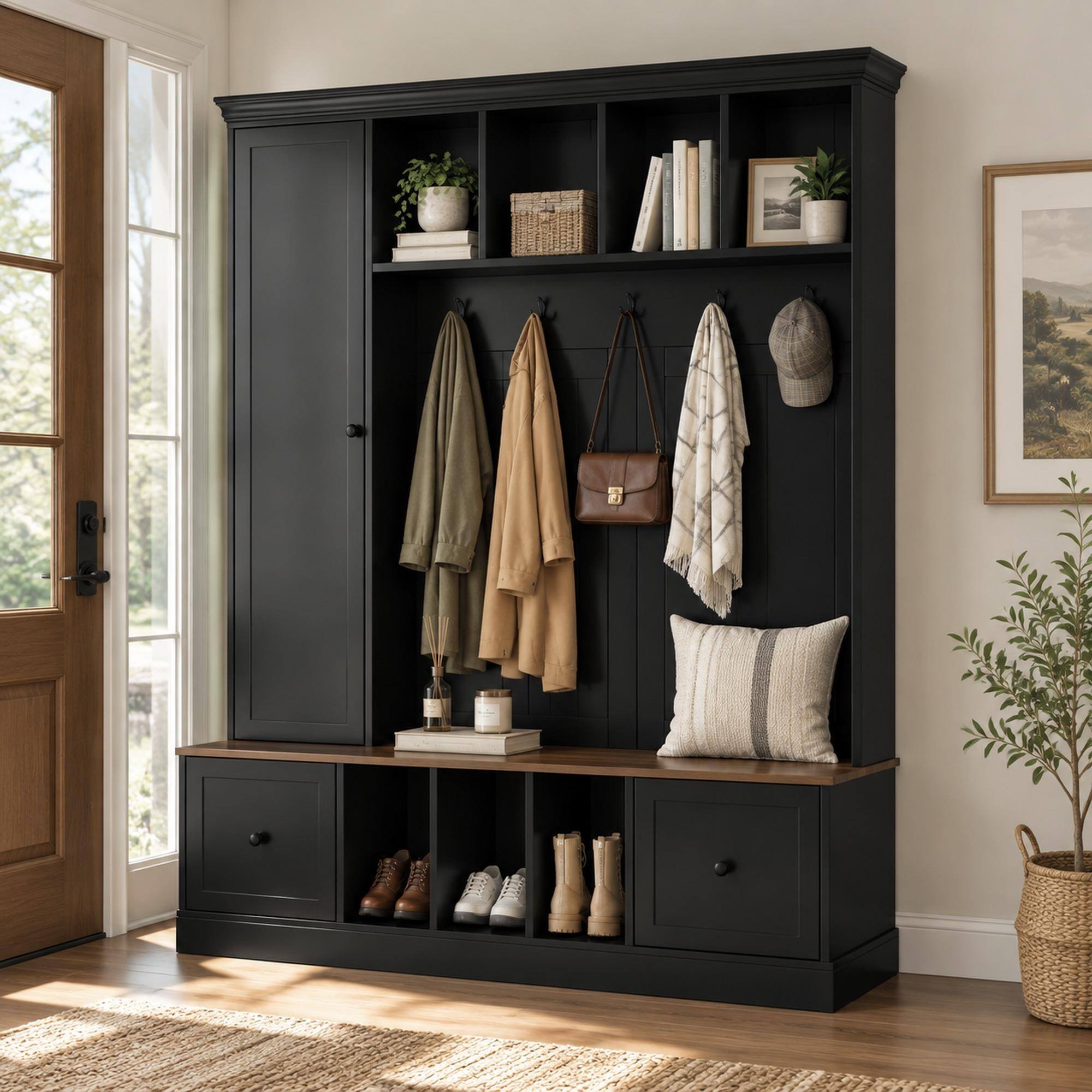 RYHNUYNE VIBE HAUS 62.2 in Farmhouse Hall Tree, Coat Rack and Shoe ...
